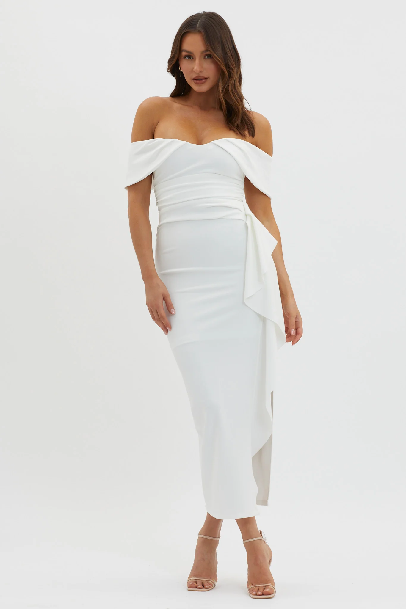Lillianne Off-Shoulder Side Ruffle Maxi Dress White - Image 5