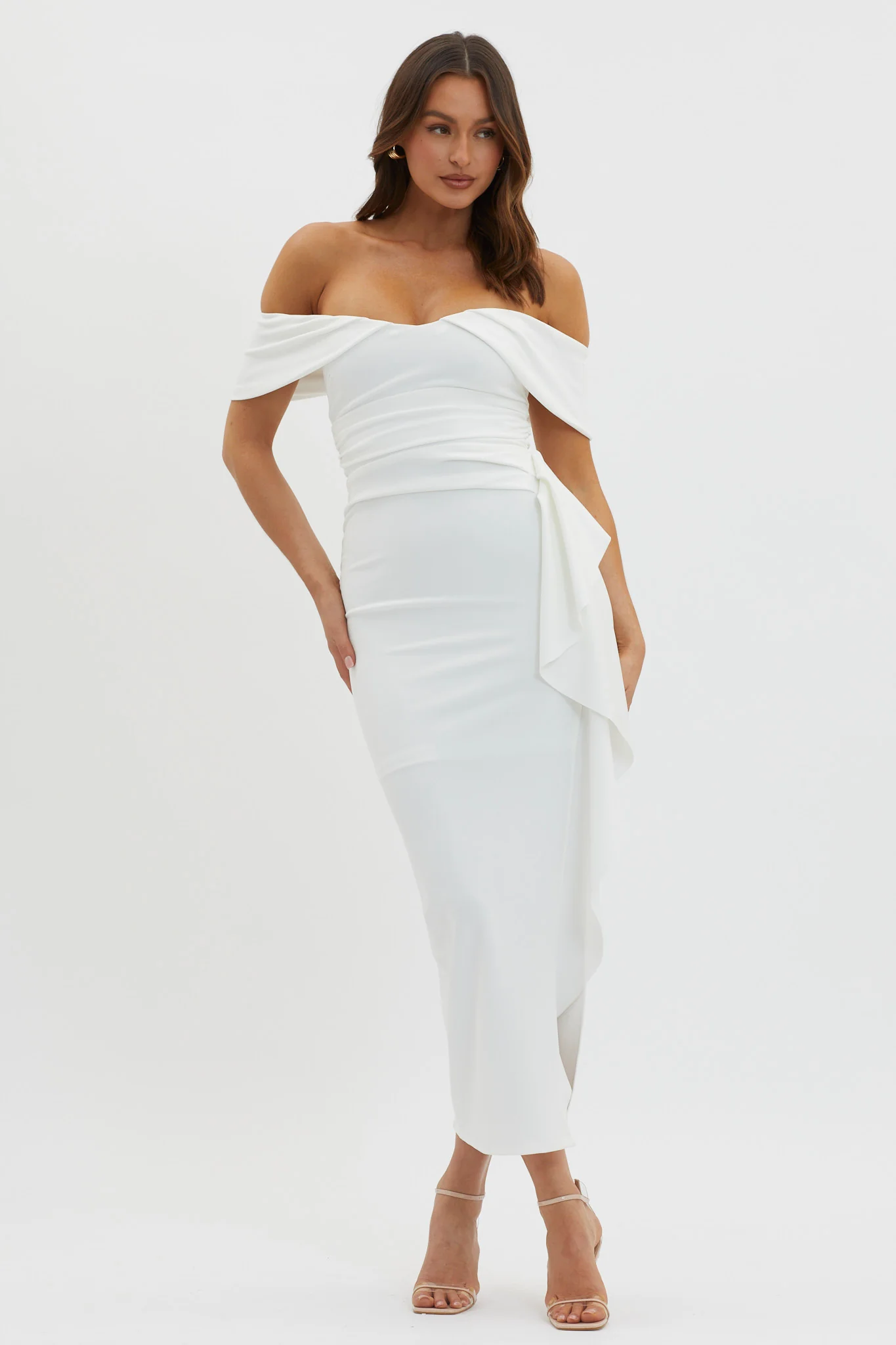 Lillianne Off-Shoulder Side Ruffle Maxi Dress White - Image 6