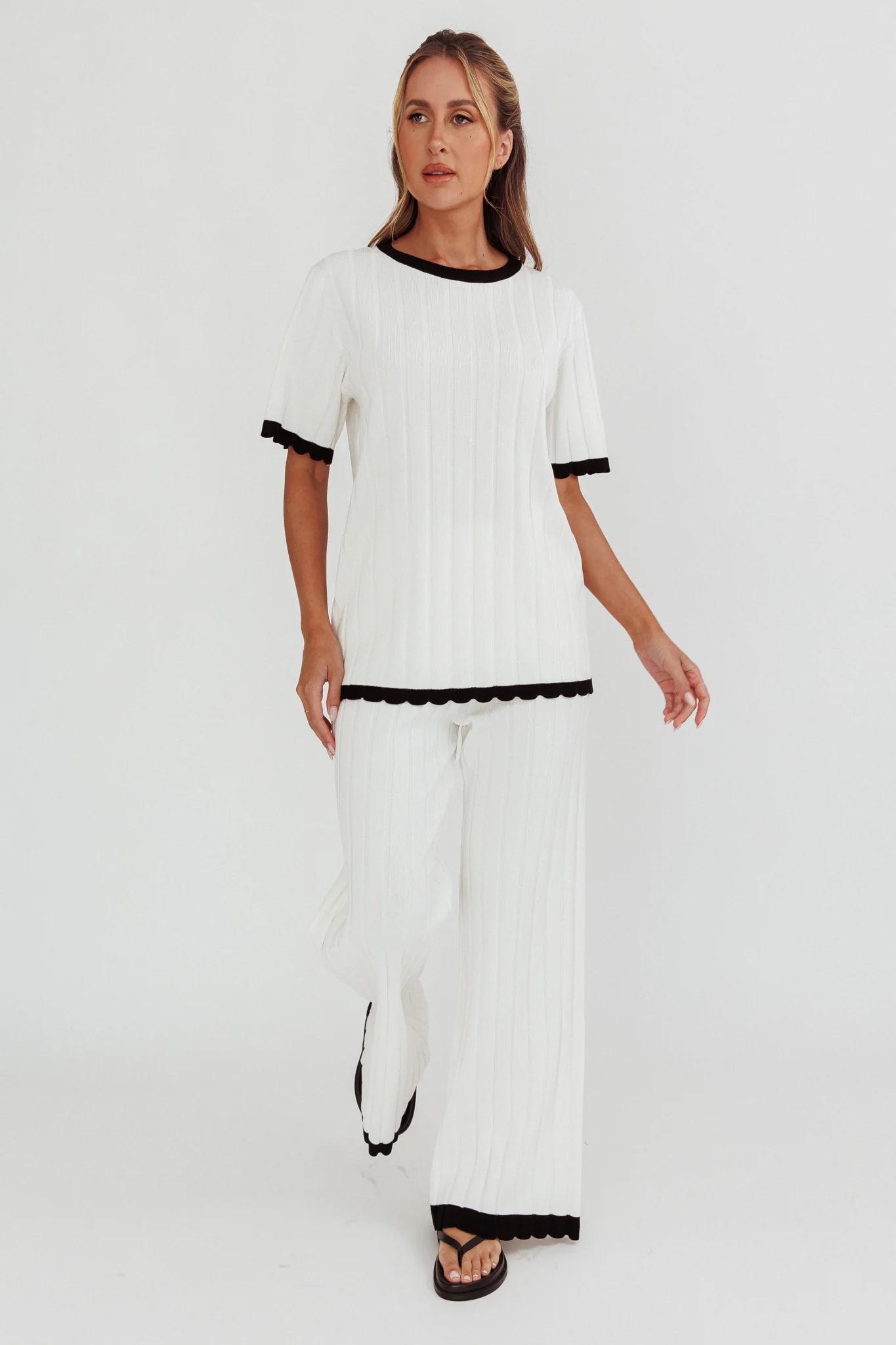 Liloh Contrast Trim Ribbed Knit Pants White - Image 4