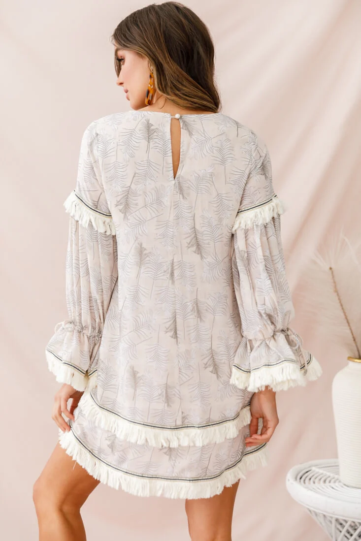 Lily Fringe Trim Swing Dress Beige - Image 3