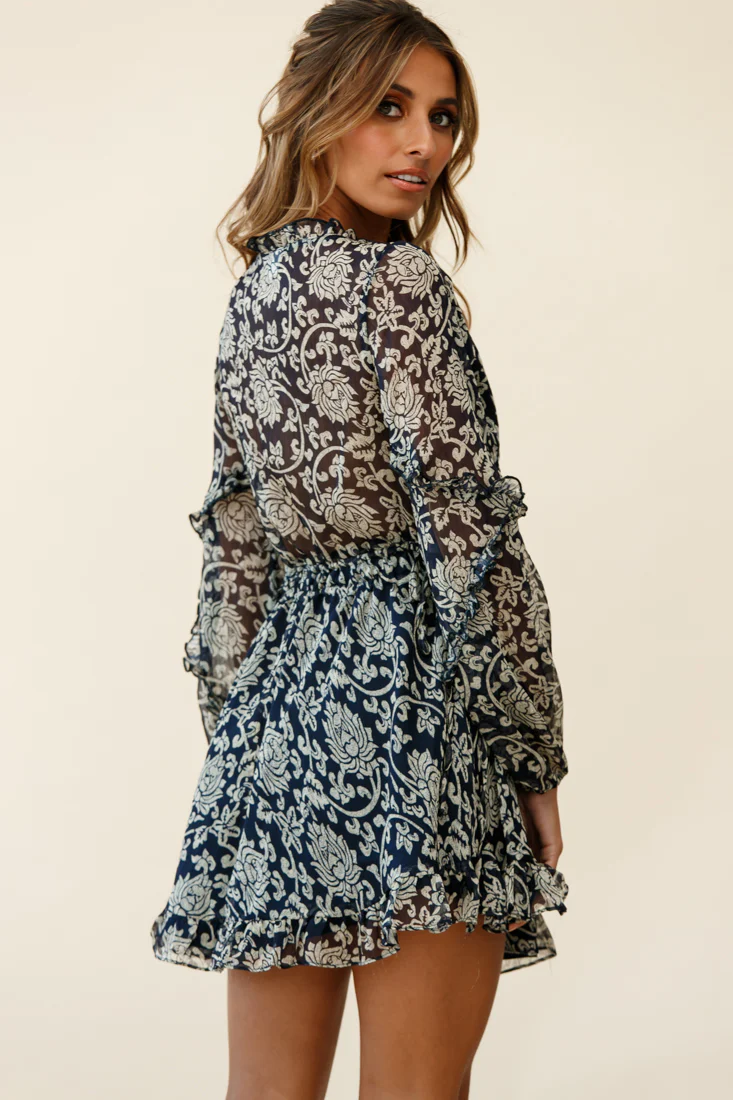 Lima Long Sleeve Drawstring Waist Frill Dress Floral Print Navy - Image 2