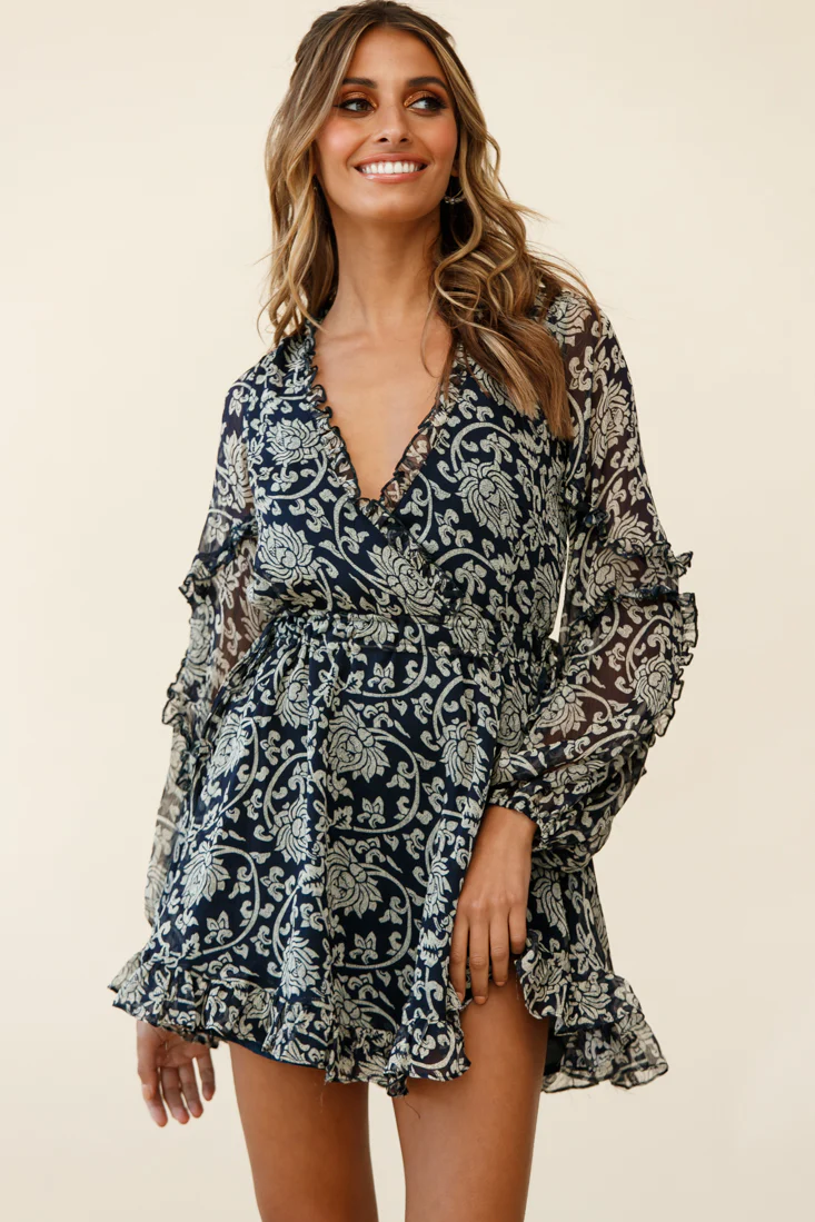 Lima Long Sleeve Drawstring Waist Frill Dress Floral Print Navy - Image 5