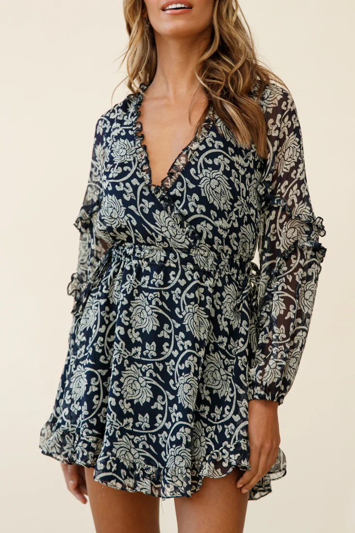 Lima Long Sleeve Drawstring Waist Frill Dress Floral Print Navy - Image 7