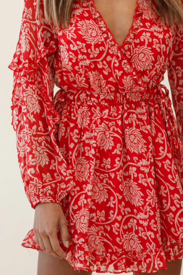 Lima Long Sleeve Drawstring Waist Frill Dress Floral Print Red - Image 4