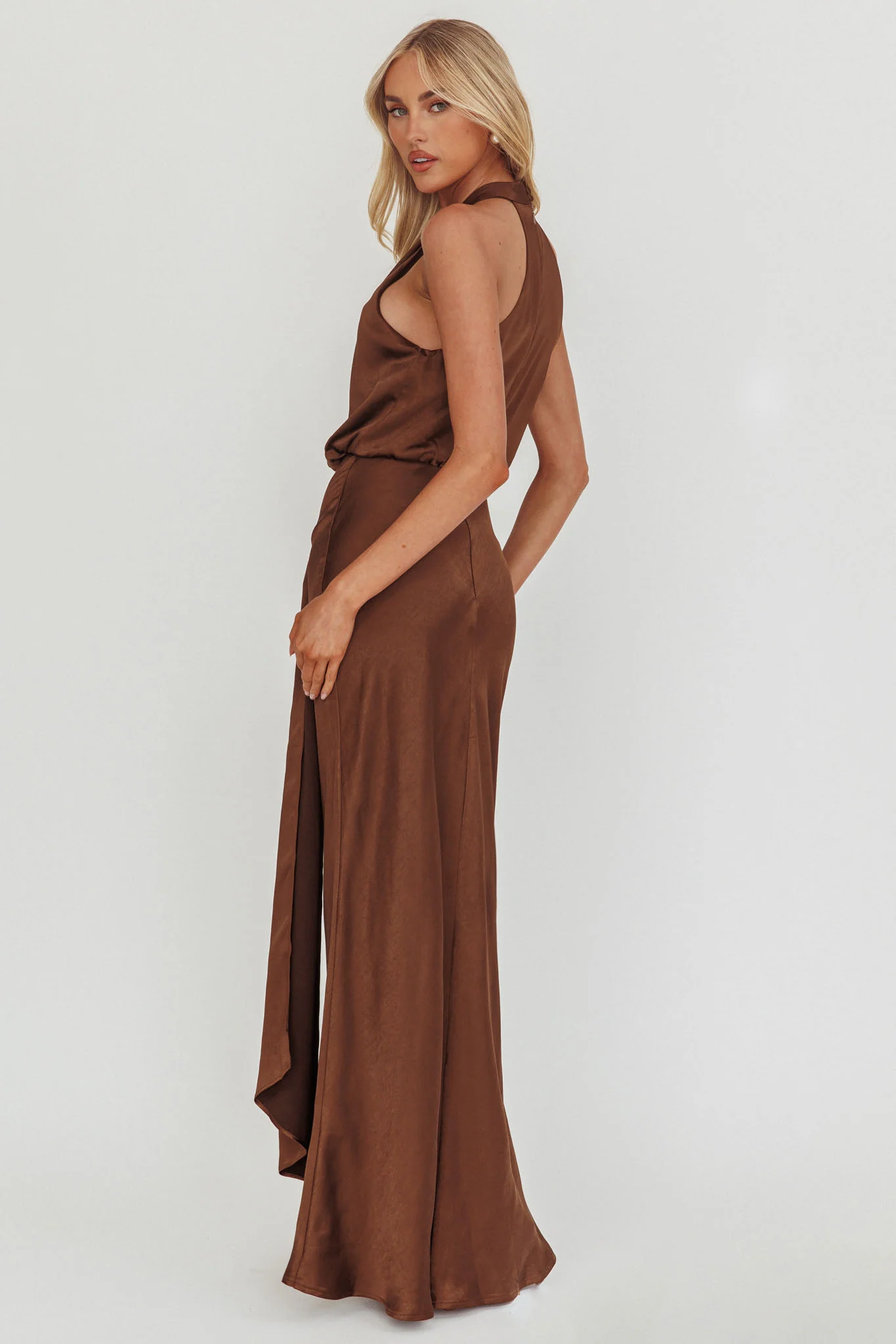 Linette Halterneck Draped Sash Maxi Dress Chocolate - Image 2