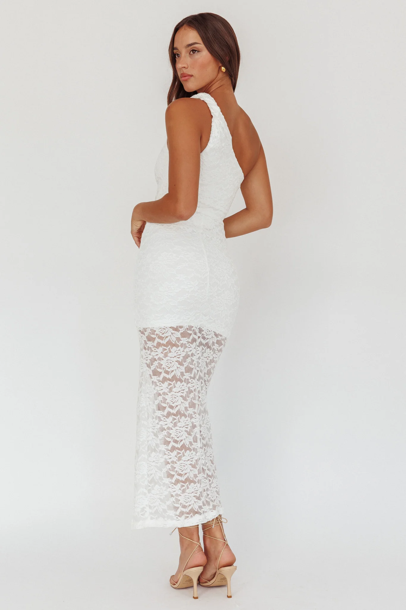 Lingering Love One-Shoulder Split Midi Dress Lace White - Image 3