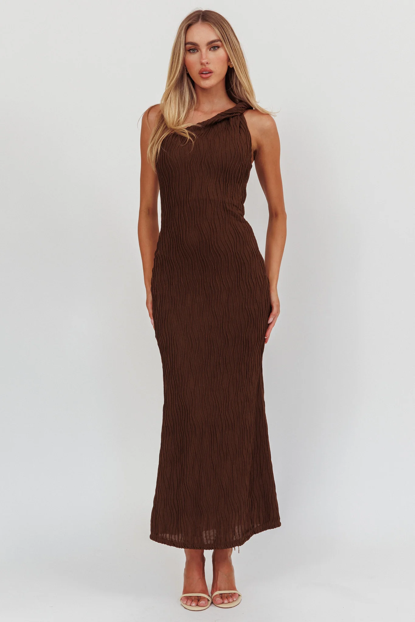 Lingering Love One-Shoulder Twist Maxi Dress Chocolate - Image 4