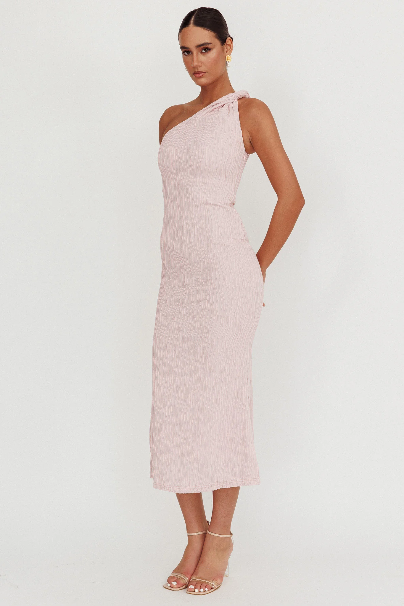 Lingering Love One-Shoulder Twist Midi Dress Blush - Image 3