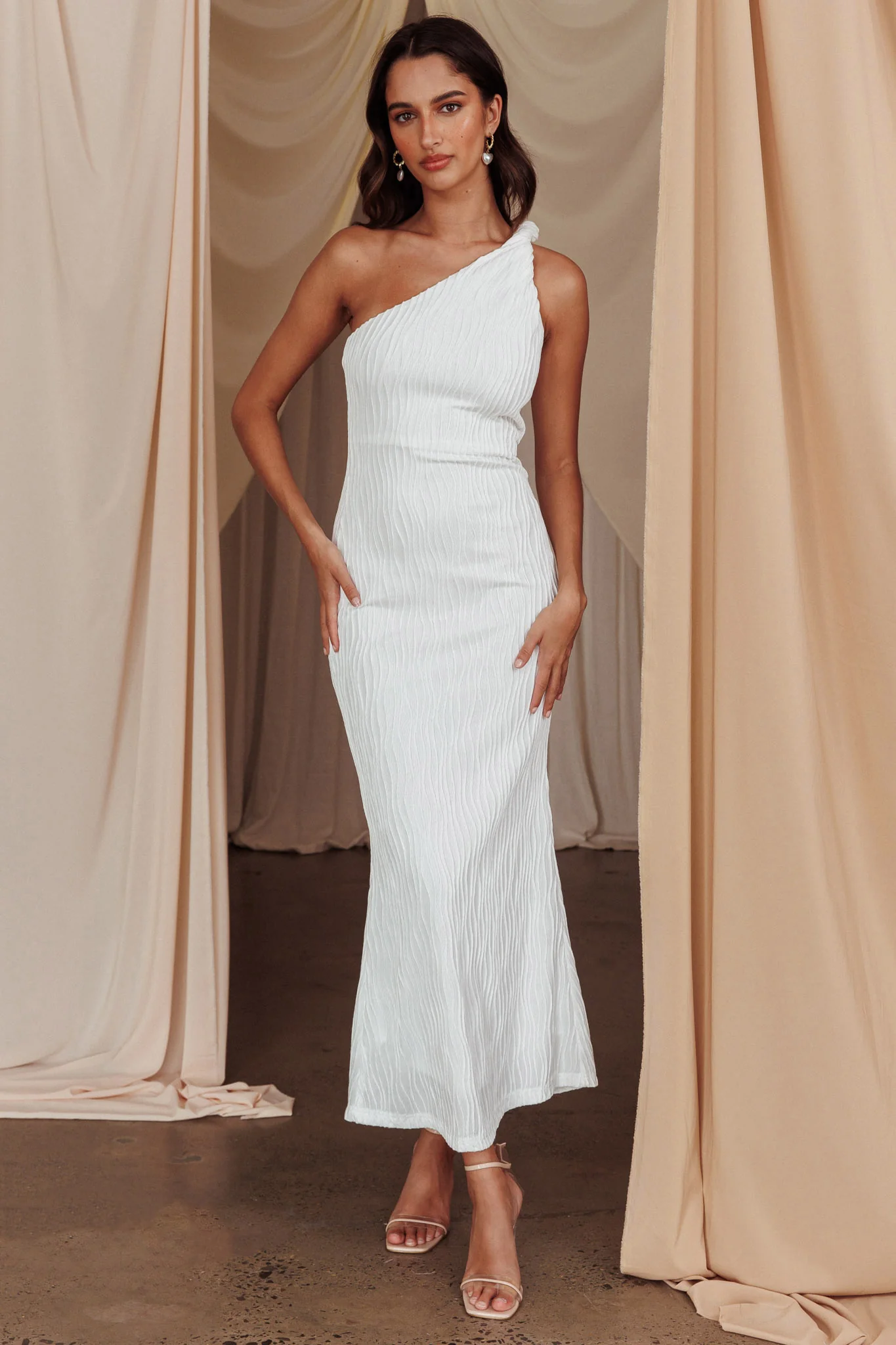 Lingering Love One-Shoulder Twist Midi Dress White - Image 5