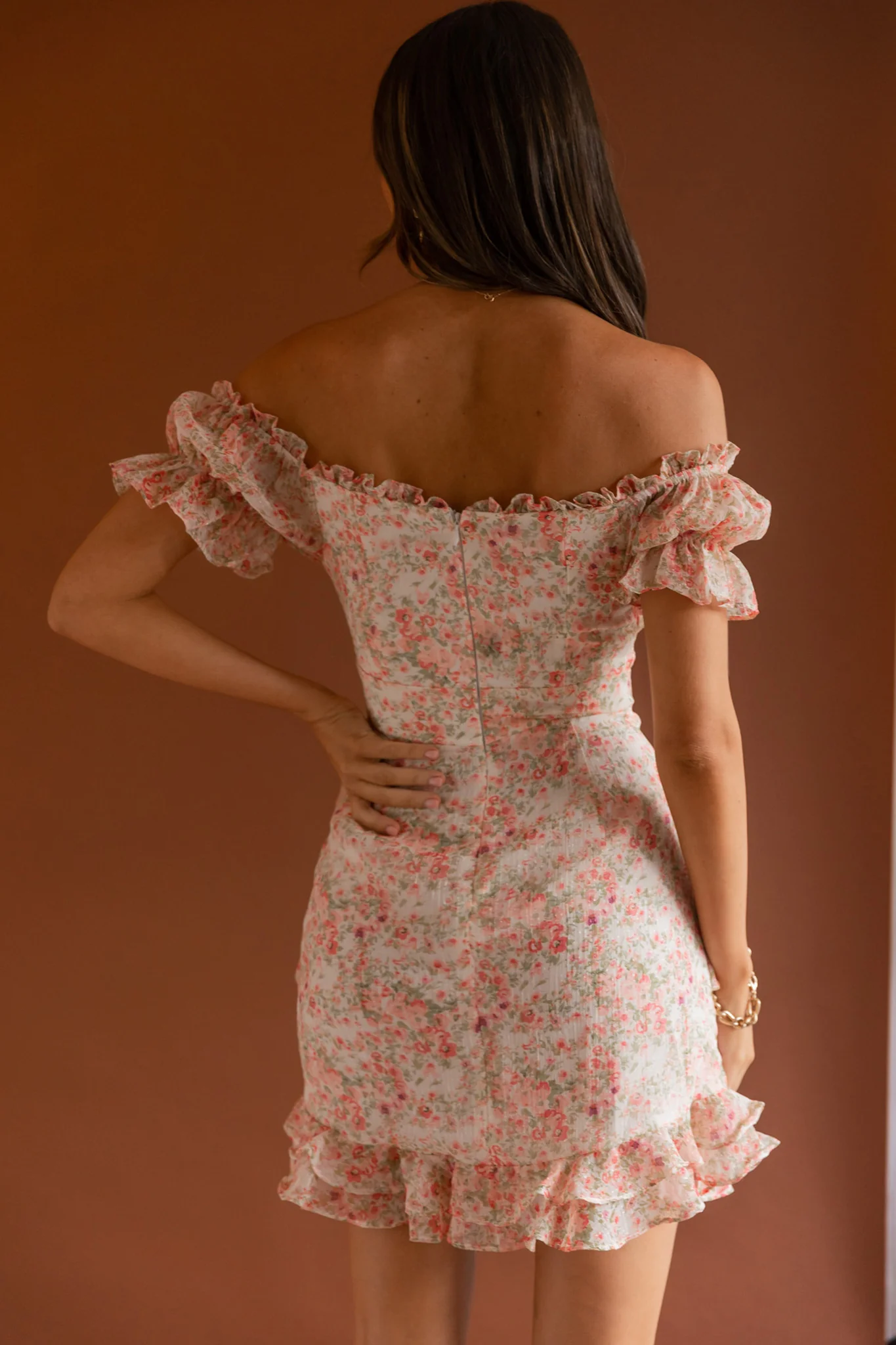 Linka Drawstring Detail Frill Dress Floral Blush - Image 7
