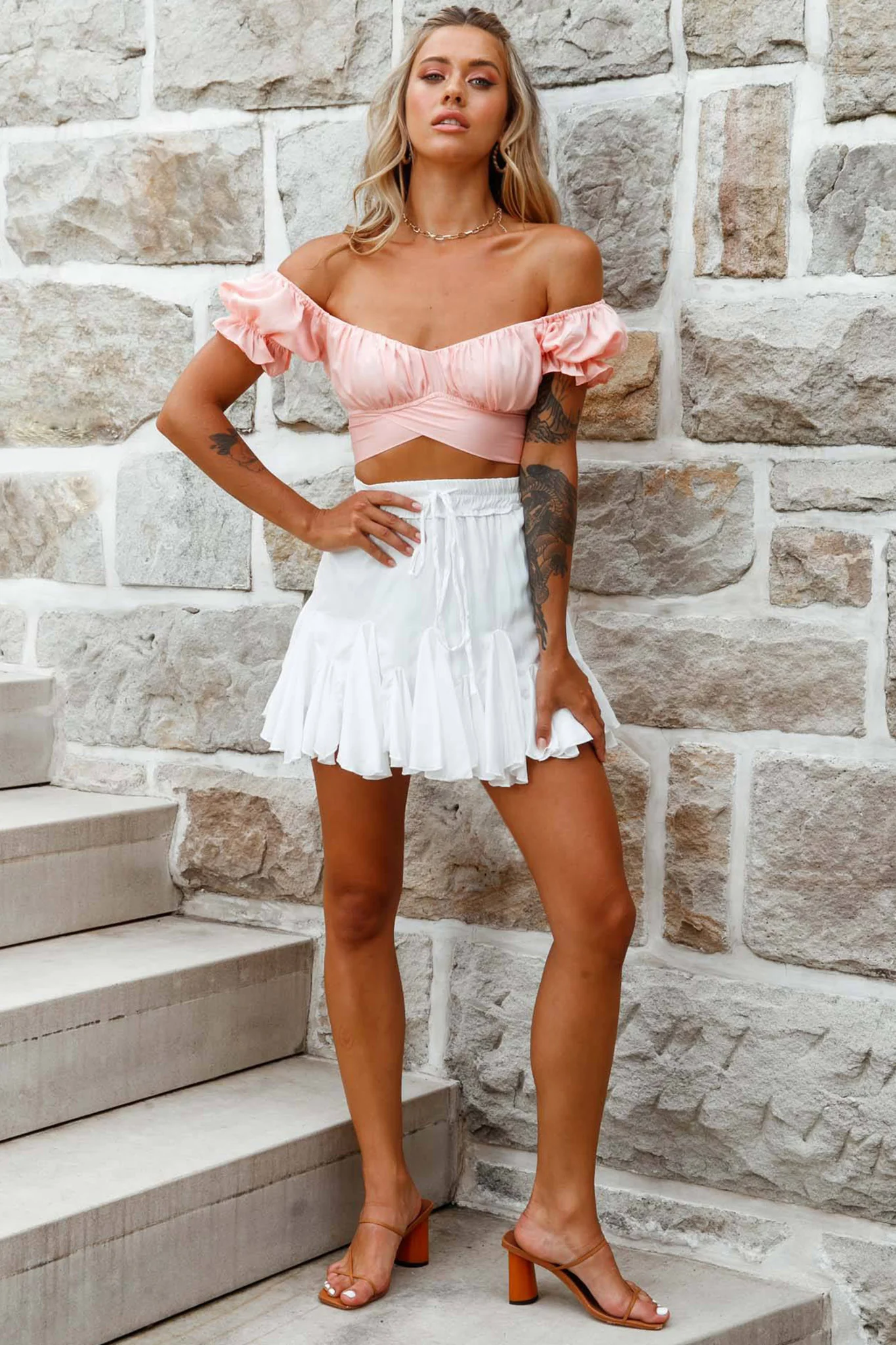Linka Off-Shoulder Tie-Back Crop Top Blush - Image 3