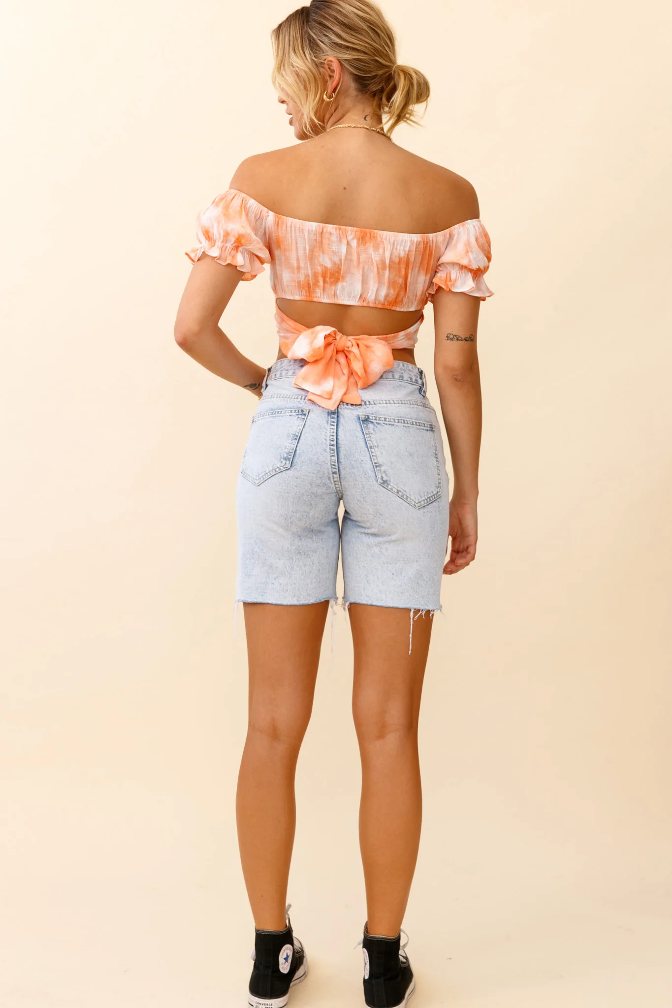 Linka Off-Shoulder Tie-Back Crop Top Tie-Dye Orange - Image 7