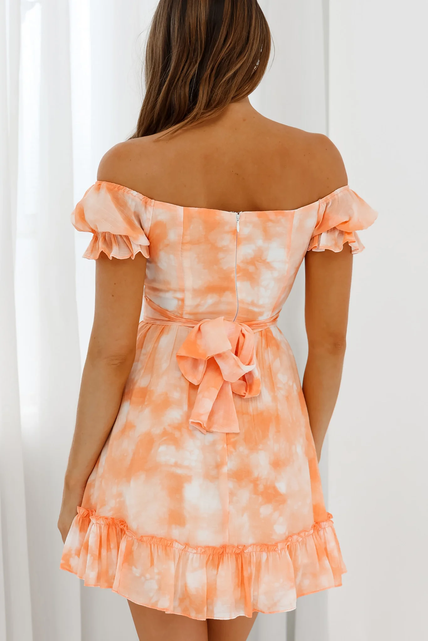 Linka Off-Shoulder Tie Back Dress Marbled Tie-Dye Orange - Image 2
