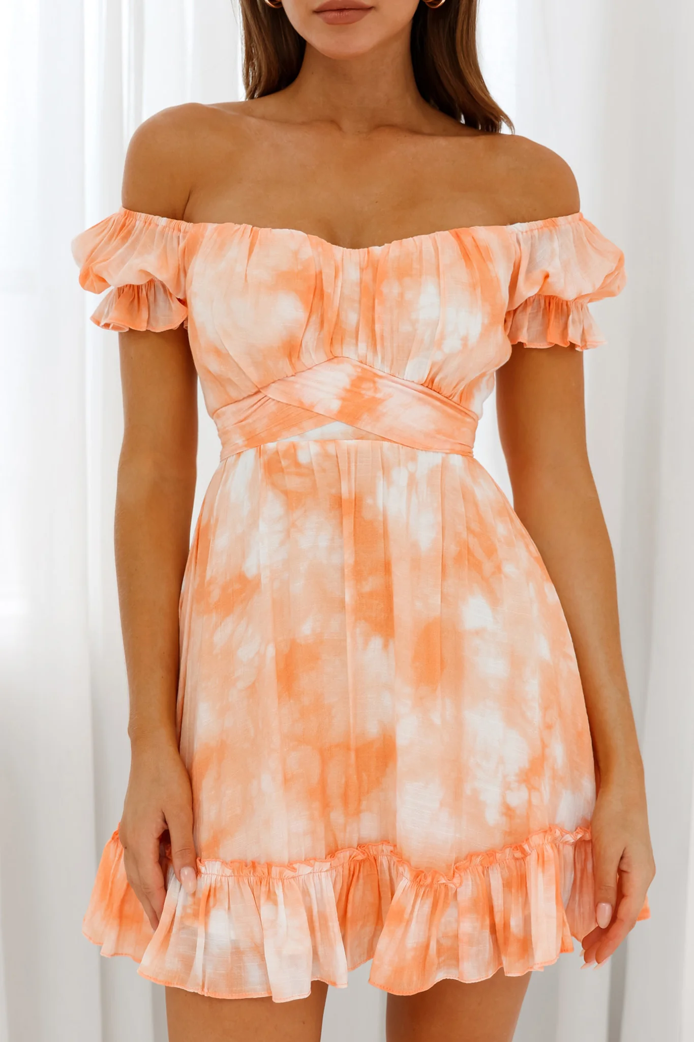 Linka Off-Shoulder Tie Back Dress Marbled Tie-Dye Orange - Image 4