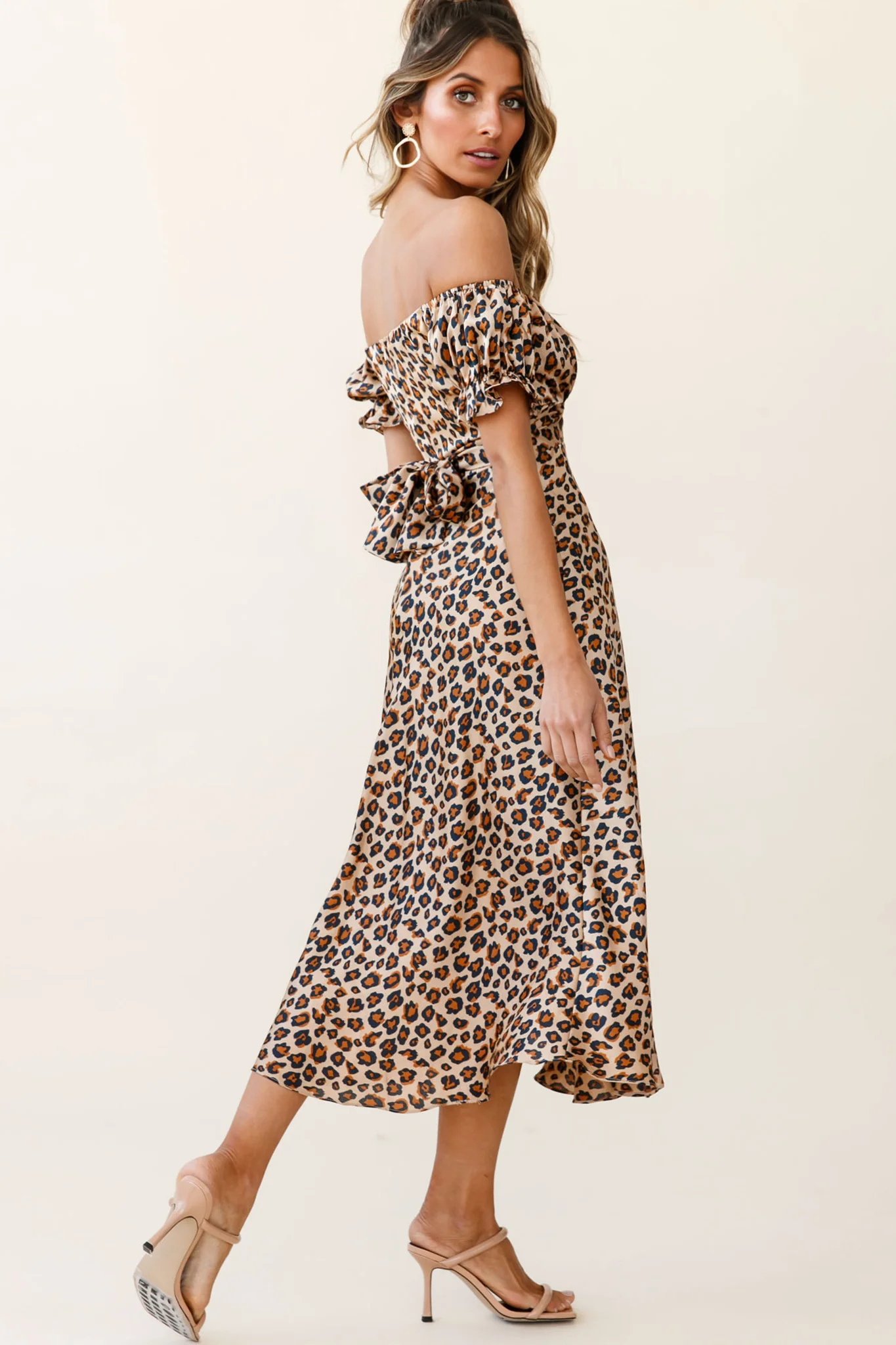 Linka Off-Shoulder Tie Back Midi Dress Leopard Print Brown - Image 2