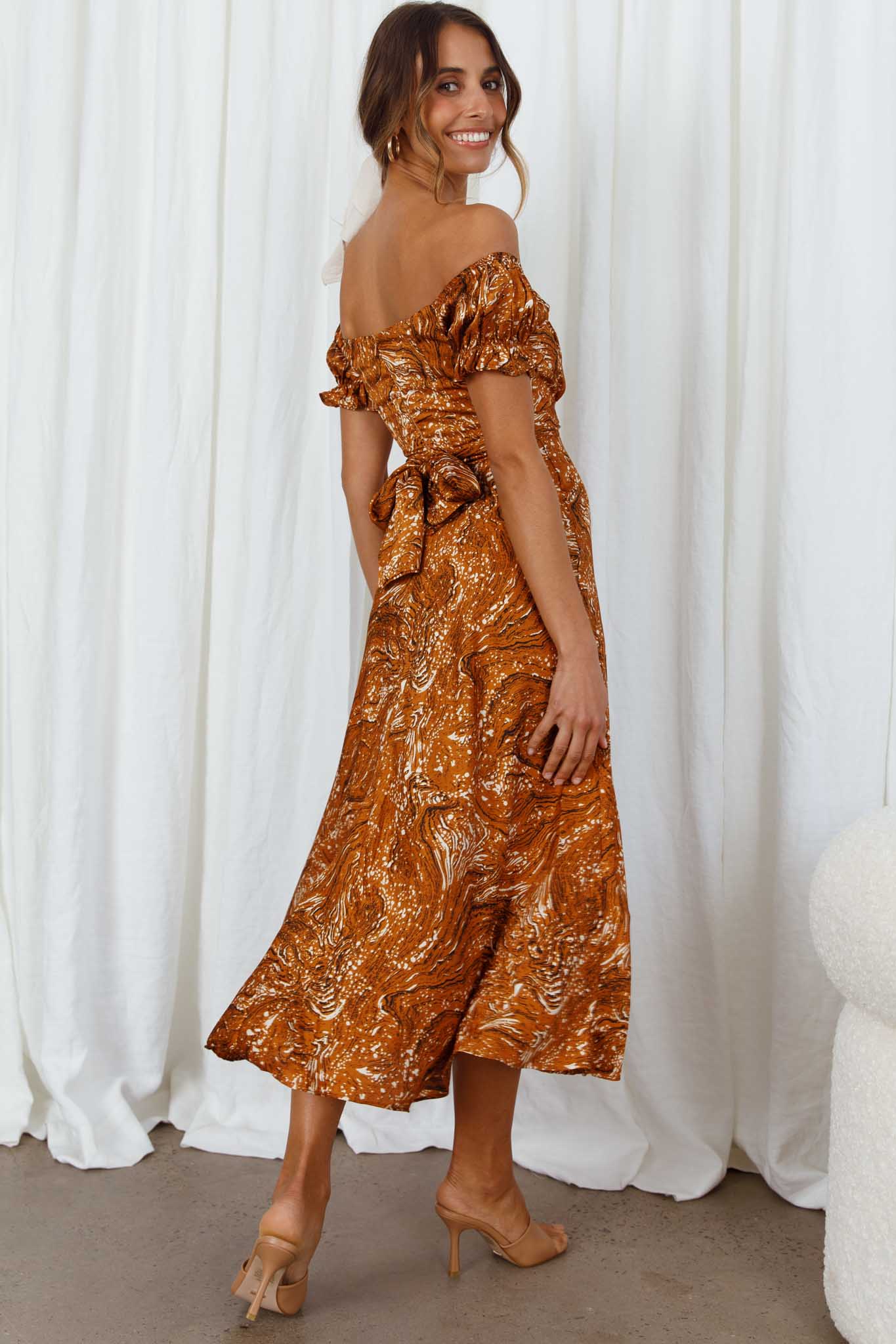 Linka Off-Shoulder Tie Back Midi Dress Marbled Print Mustard - Image 2