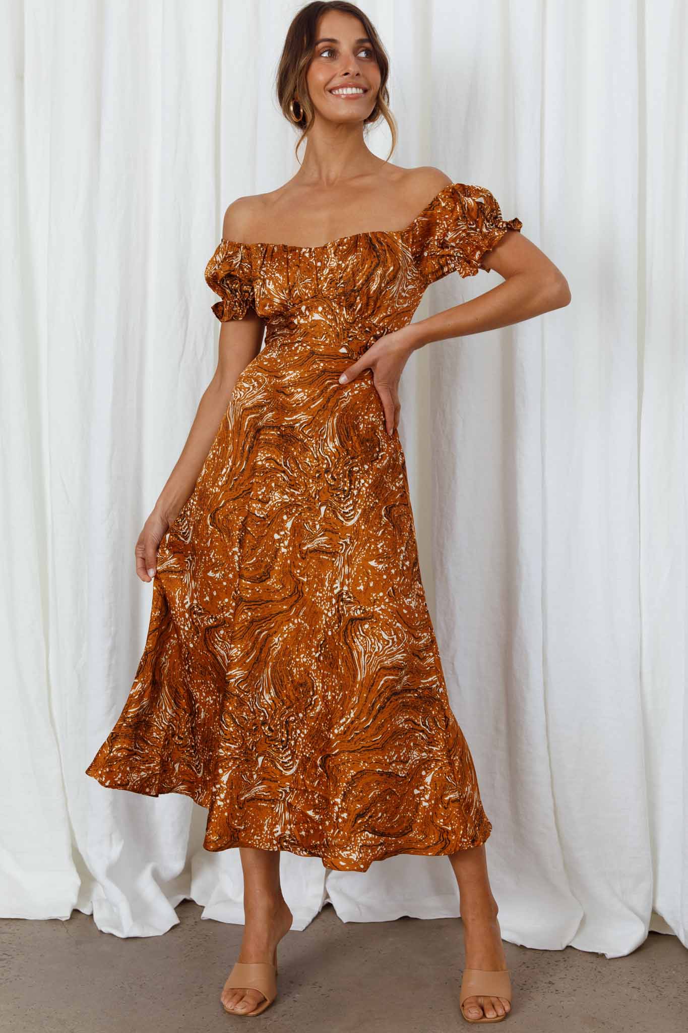 Linka Off-Shoulder Tie Back Midi Dress Marbled Print Mustard - Image 7