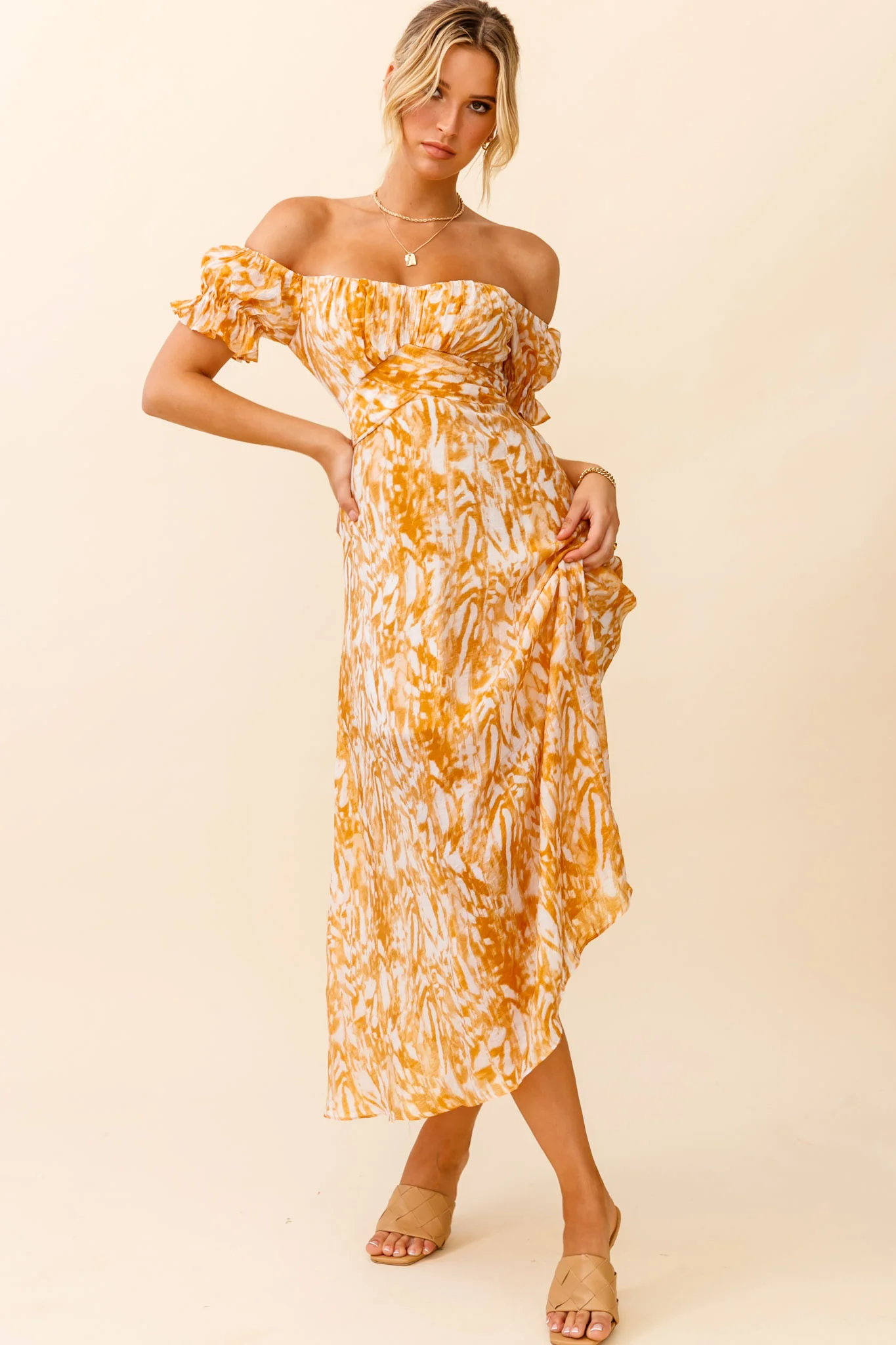 Linka Off-Shoulder Tie Back Midi Dress Printed Orange - Image 3