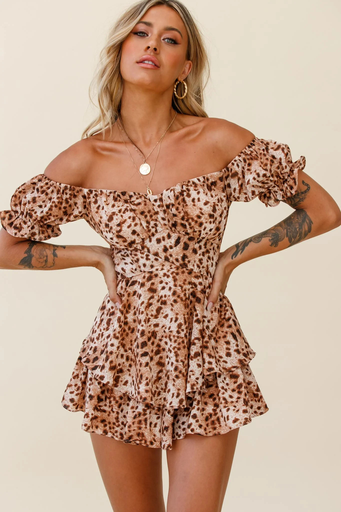 Linka Off-Shoulder Tie Back Romper Leopard Print Brown - Image 2