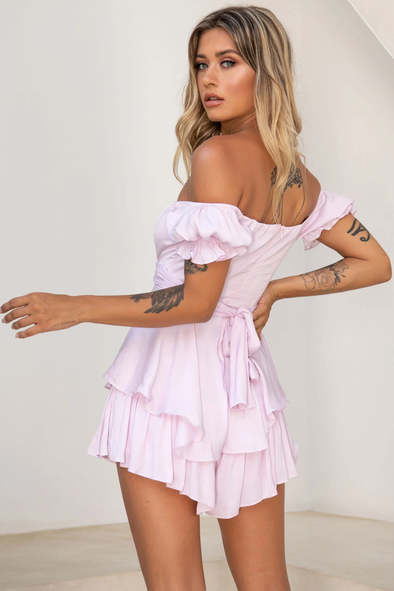 Linka Off-Shoulder Tie Back Romper Light Lilac - Image 3