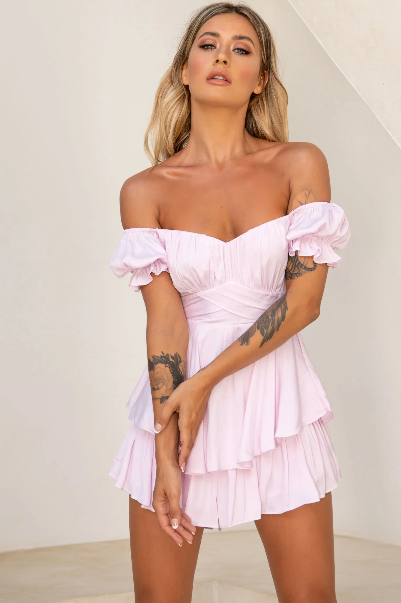 Linka Off-Shoulder Tie Back Romper Light Lilac - Image 5