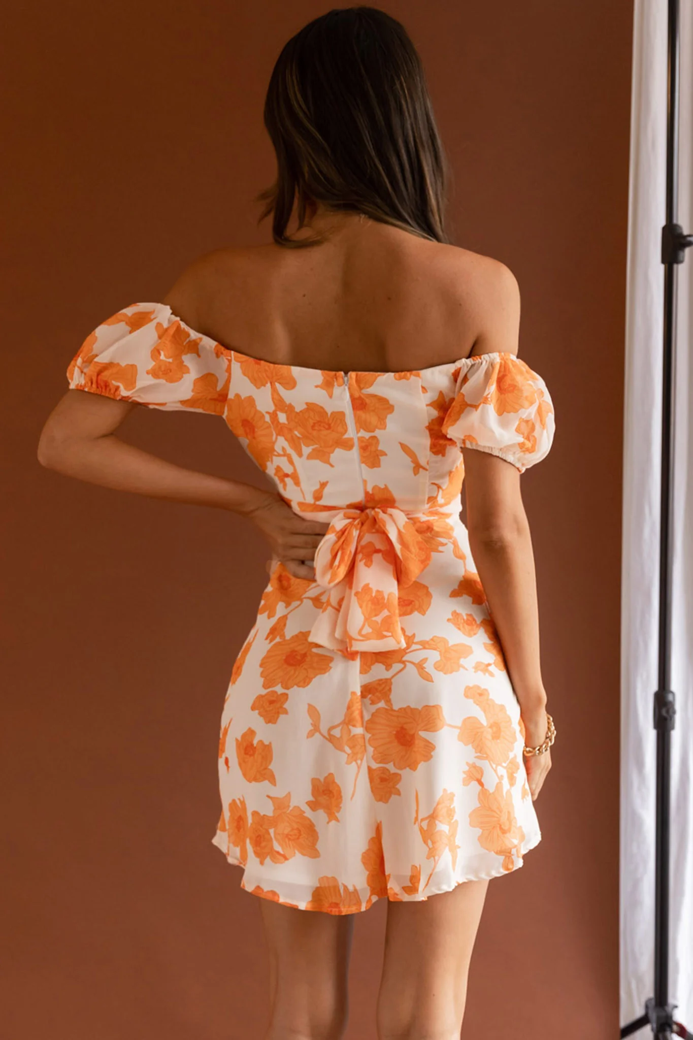 Linka Puff Sleeve Waist Tie Dress Floral Orange - Image 2