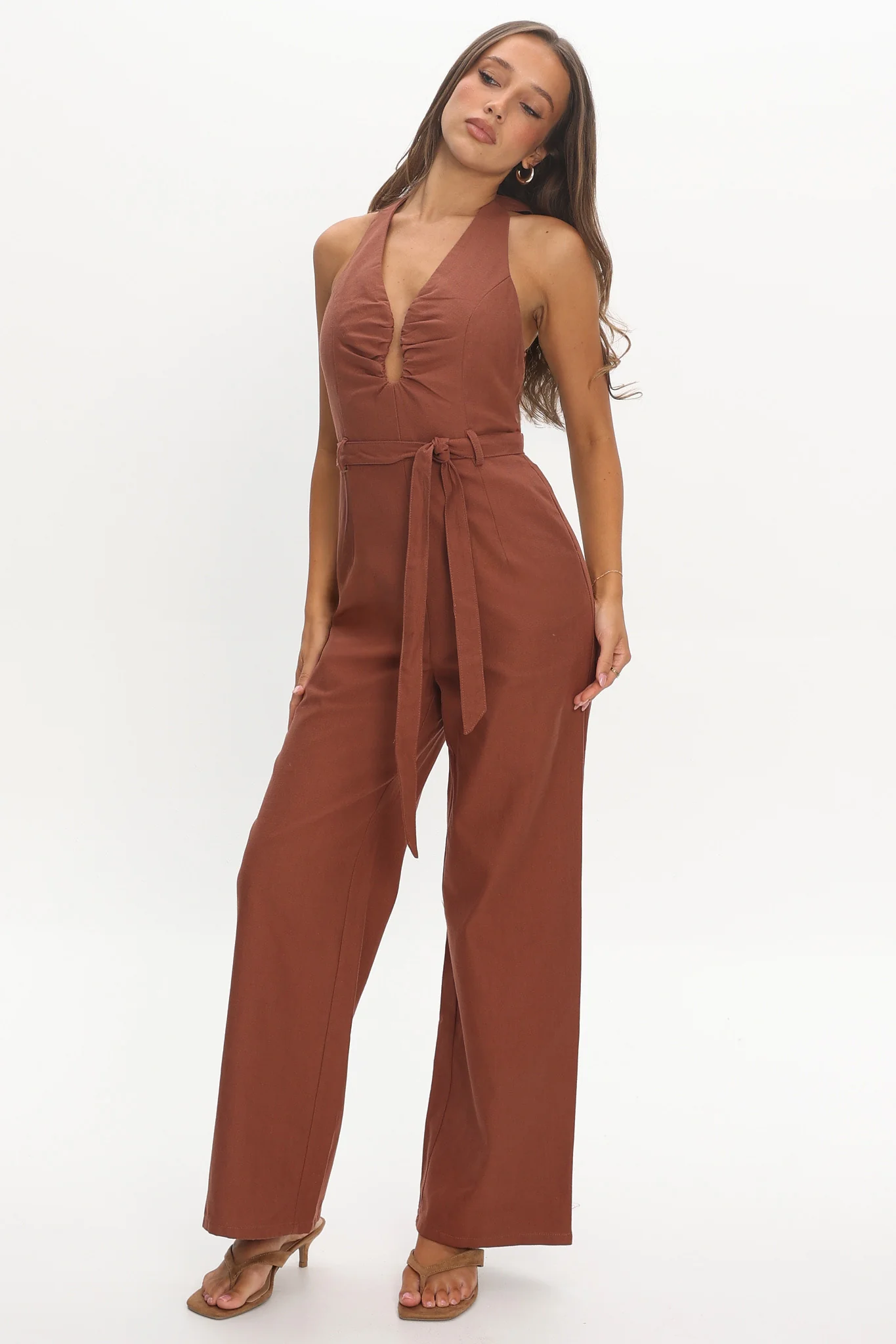 Lioren Plunging Halterneck Jumpsuit Chocolate - Image 5