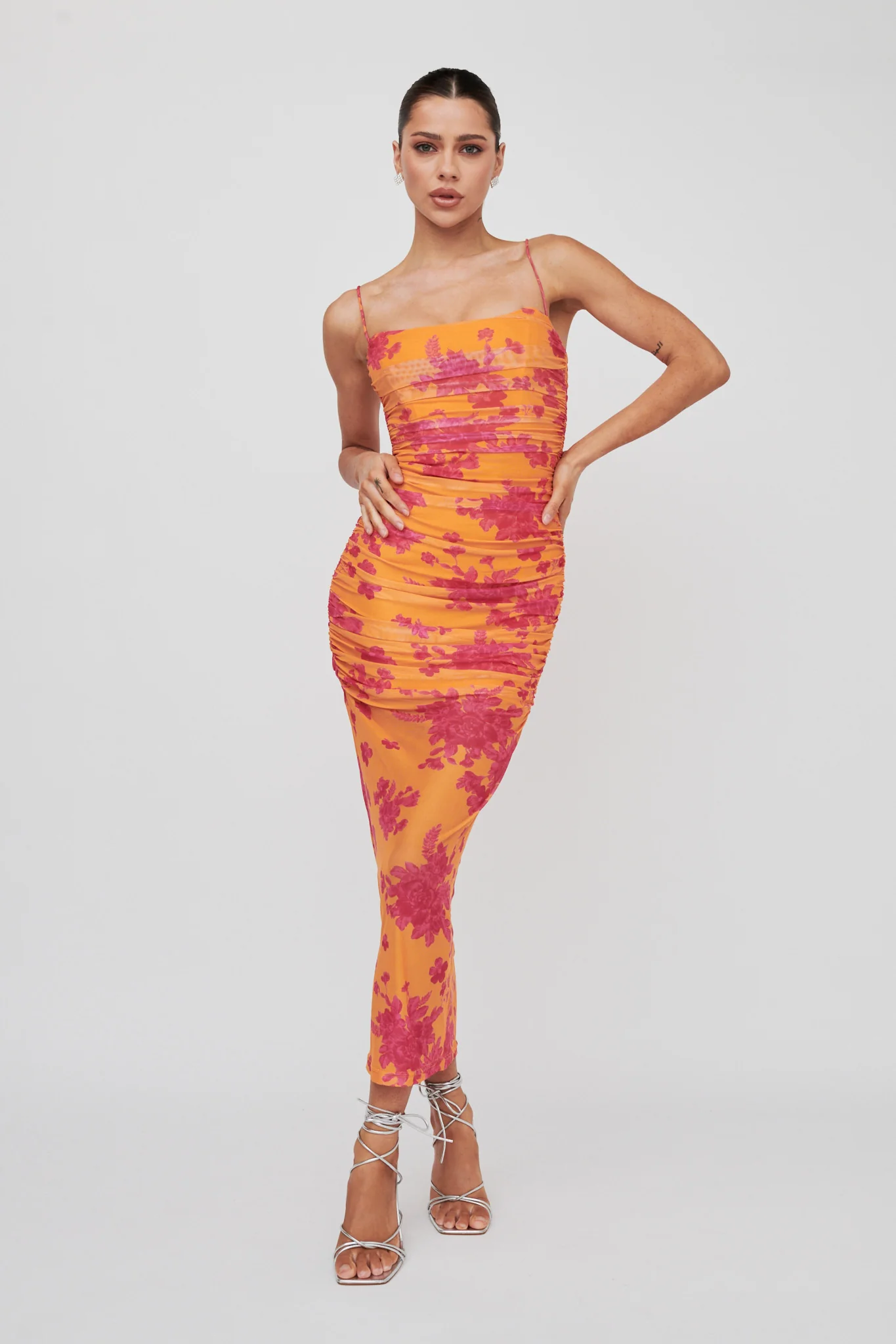 Logan Cami Strap Midi Dress Flower Orange - Image 3
