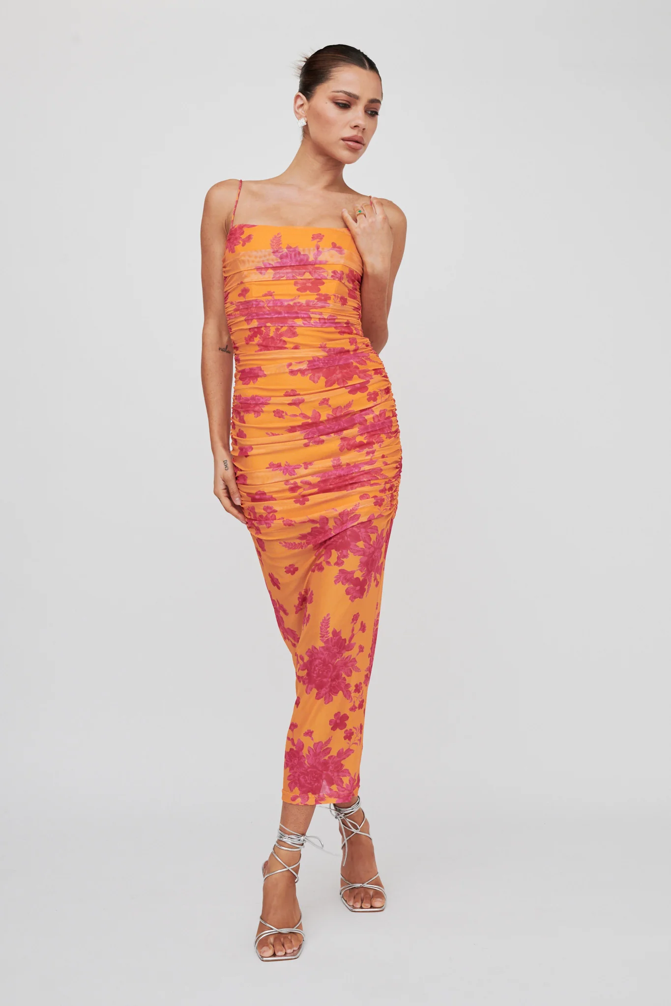 Logan Cami Strap Midi Dress Flower Orange - Image 4