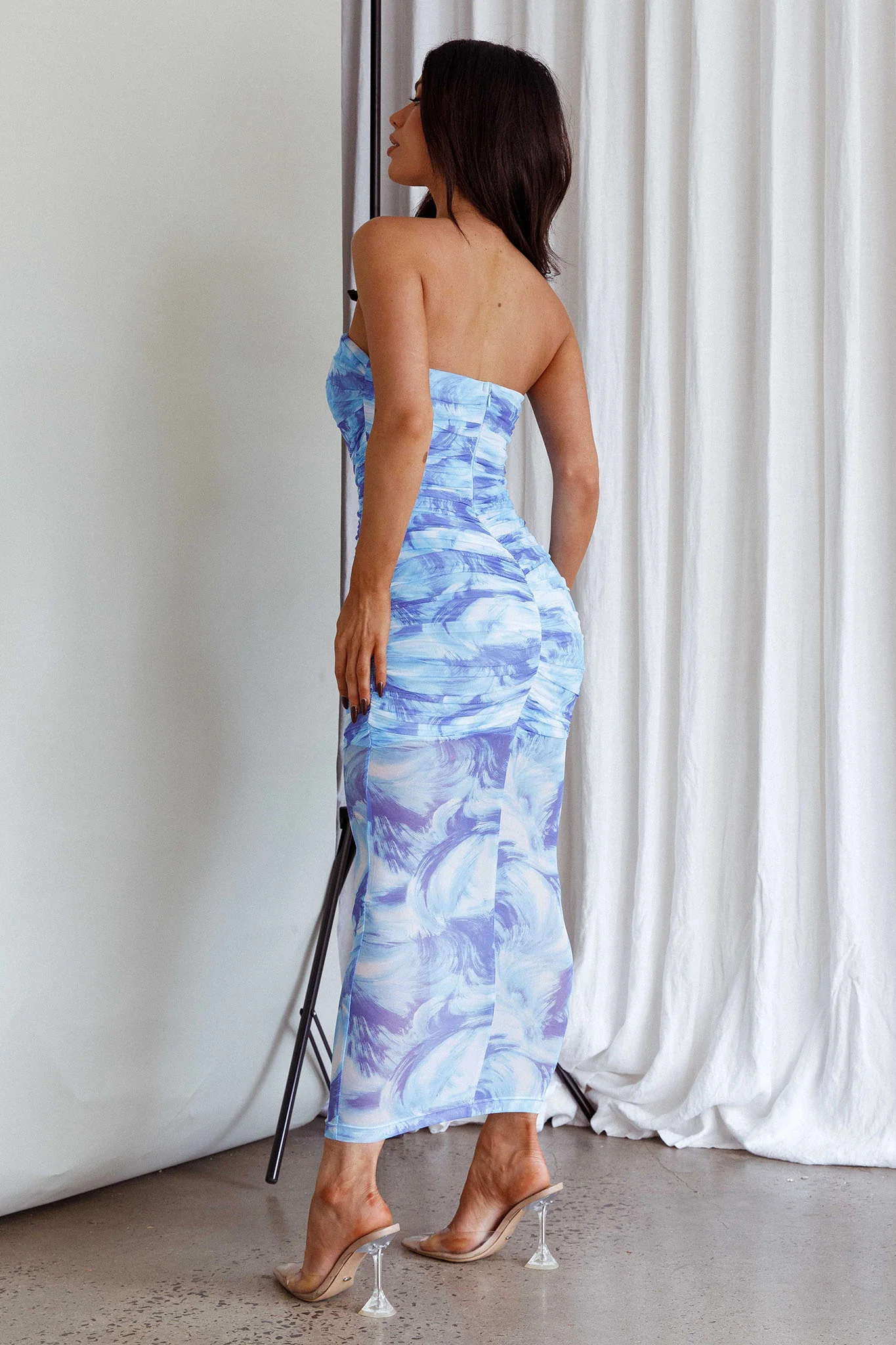 Logan Strapless Ruched Midi Dress Blue - Image 2