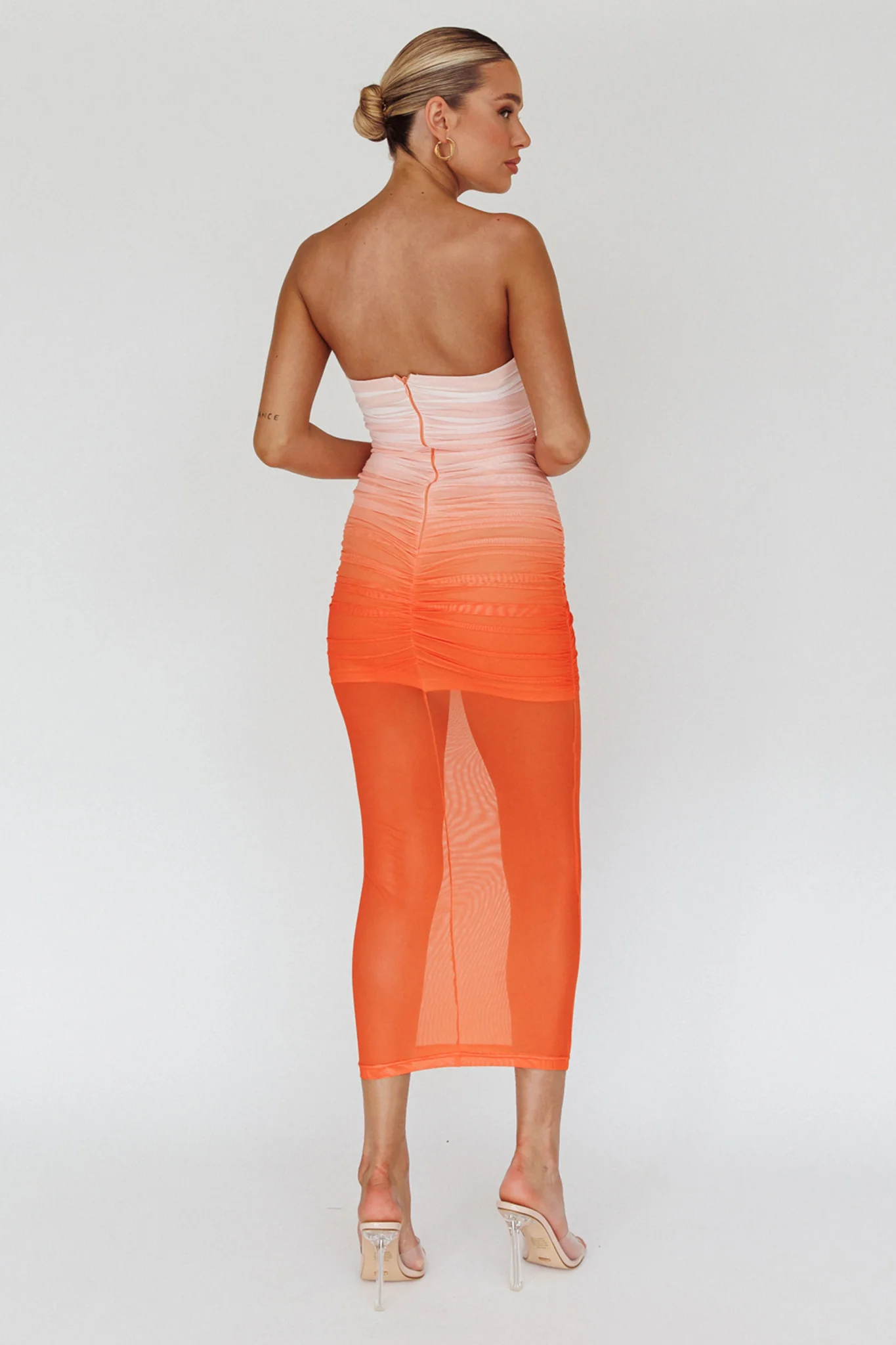 Logan Strapless Ruched Midi Dress Gradient Orange - Image 2