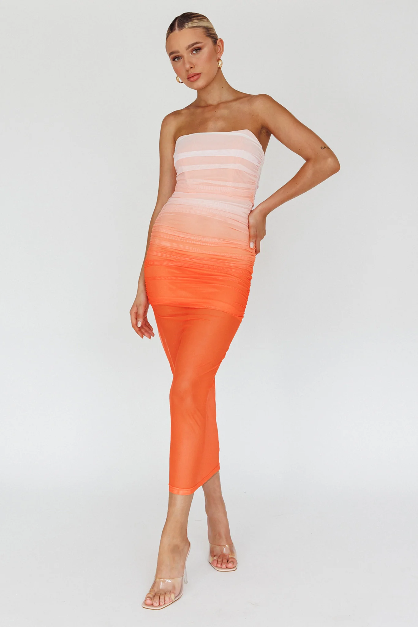 Logan Strapless Ruched Midi Dress Gradient Orange - Image 3