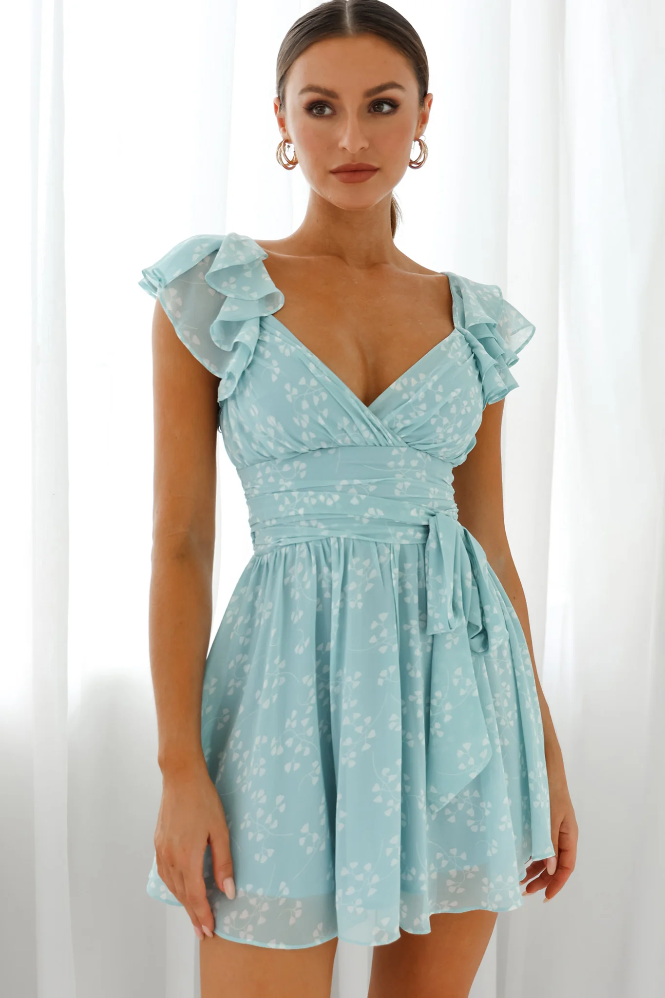 Lola Ruffle Shoulder Ruched Dress Leaf Print Blue - Image 6