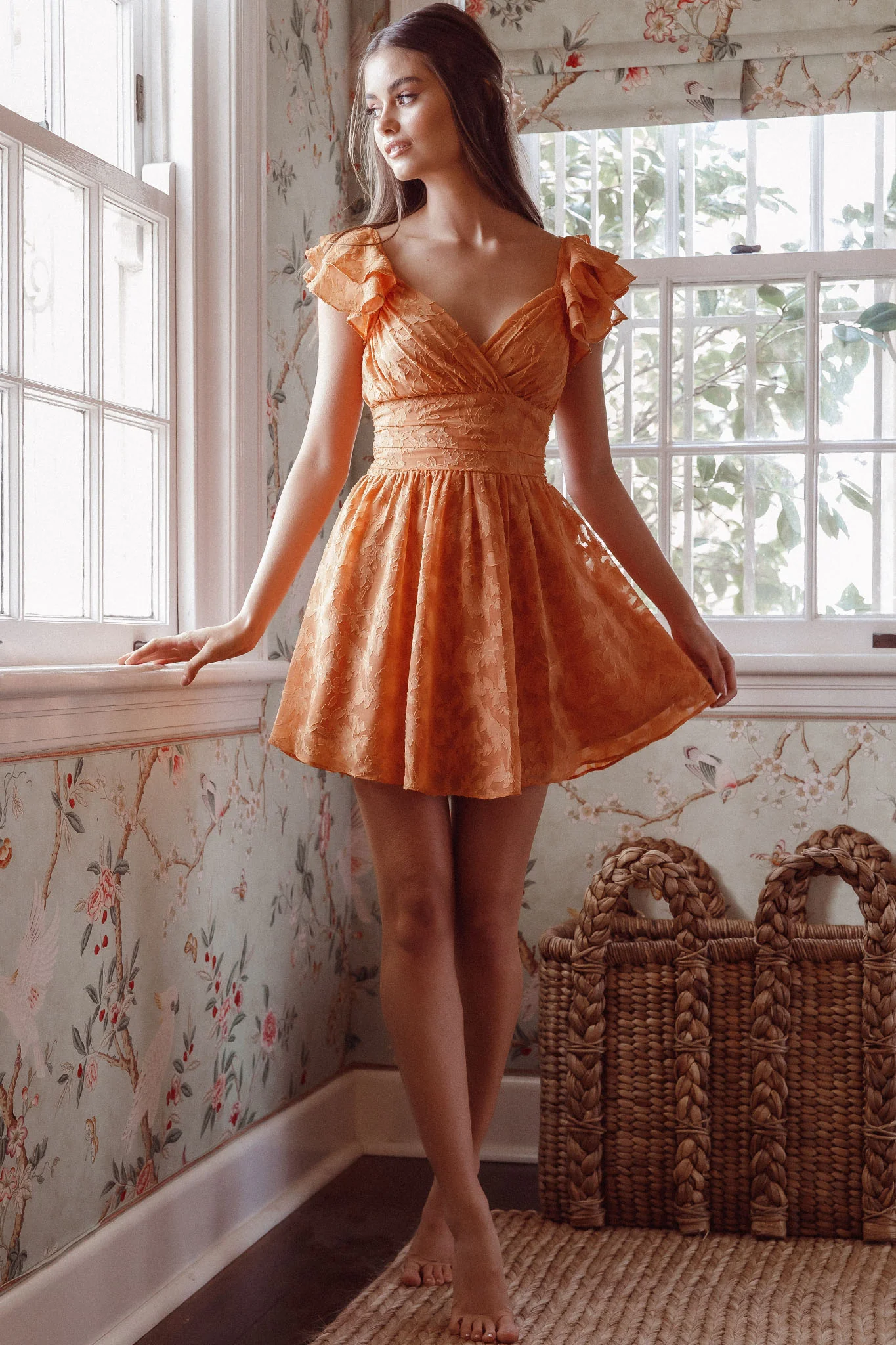 Lola Ruffle Shoulder Ruched Dress Textured Orange - Image 3