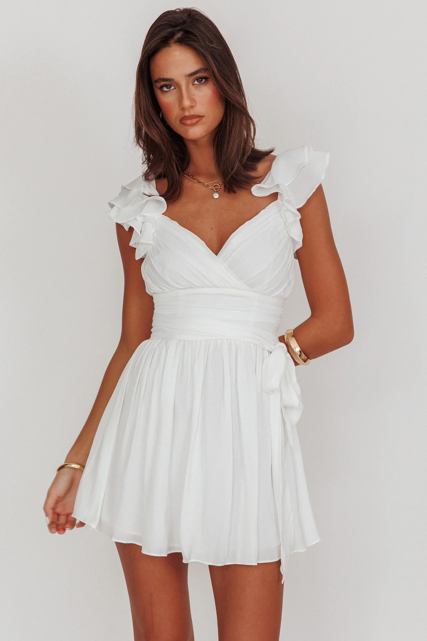 Lola Ruffle Shoulder Ruched Dress White - Image 4