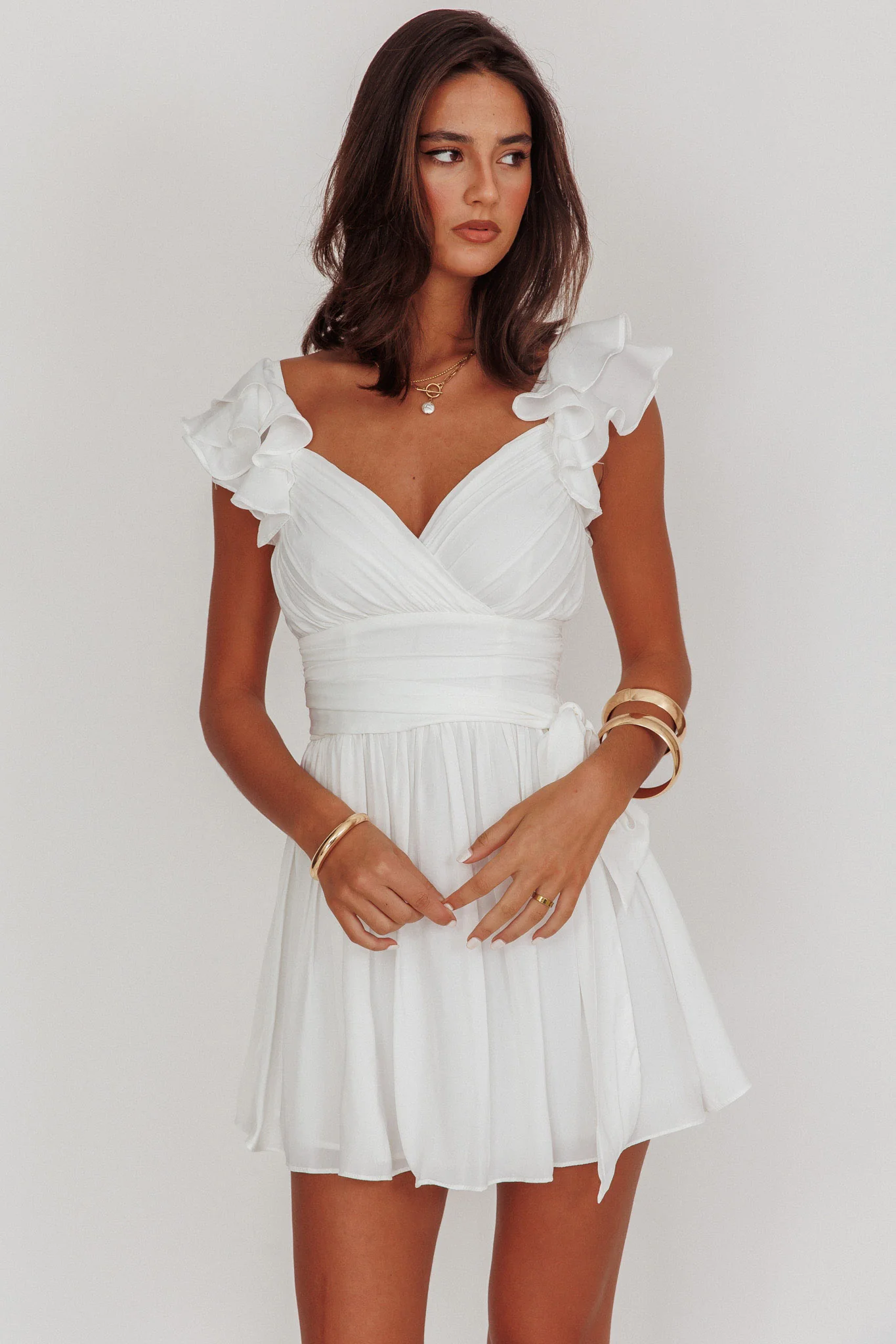 Lola Ruffle Shoulder Ruched Dress White - Image 5