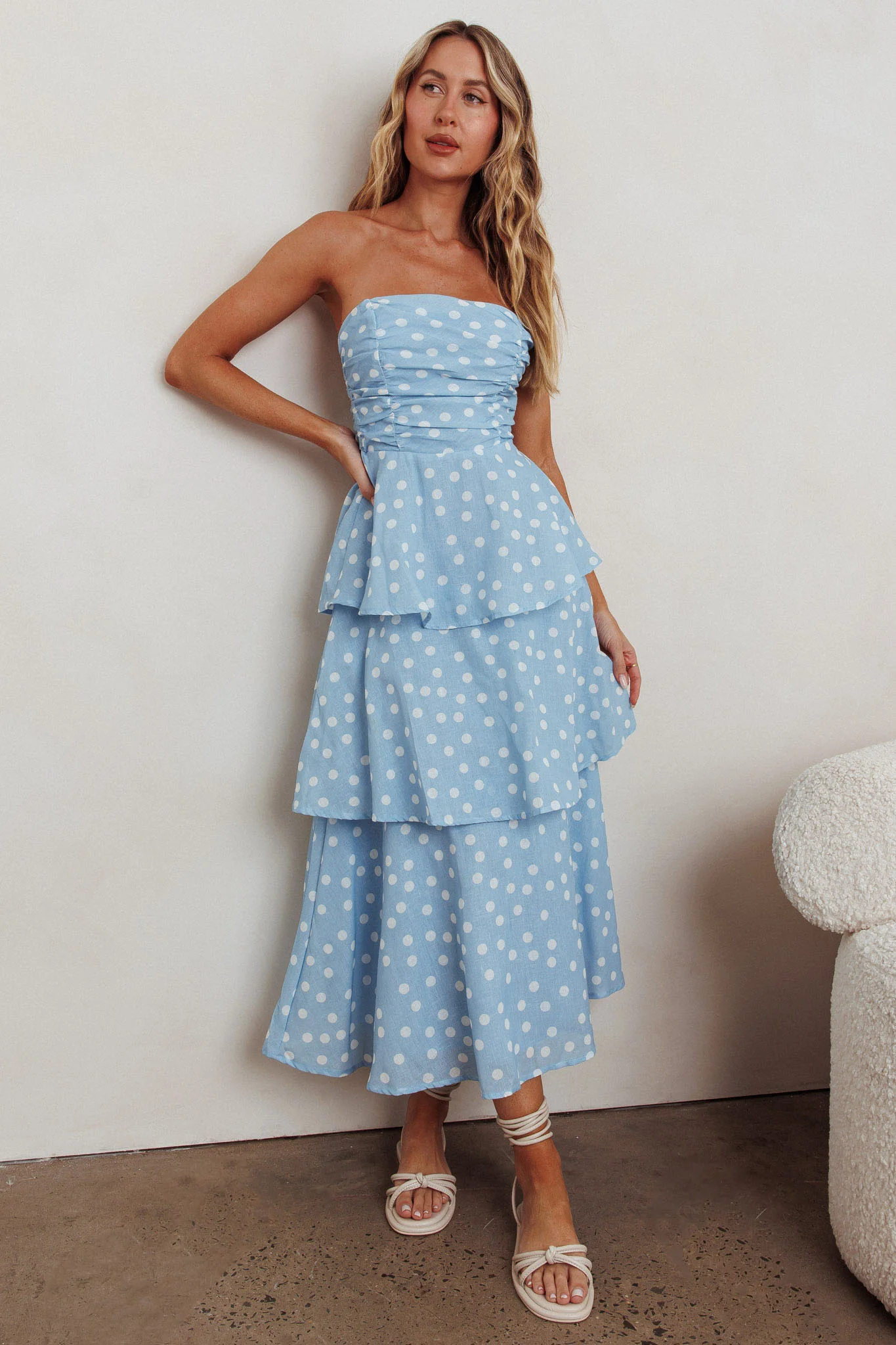 Lorcan Strapless Ruffle Dotted Midi Dress Blue - Image 4