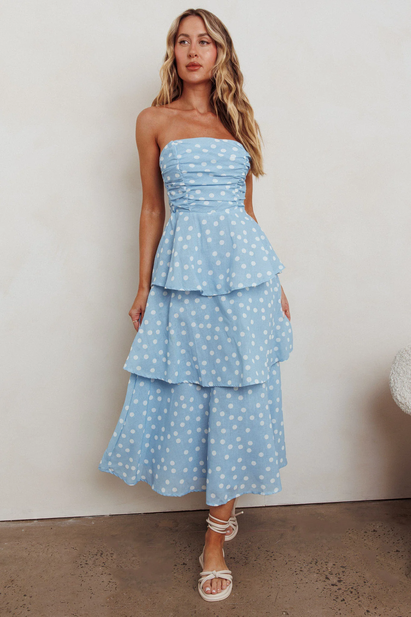 Lorcan Strapless Ruffle Dotted Midi Dress Blue - Image 6