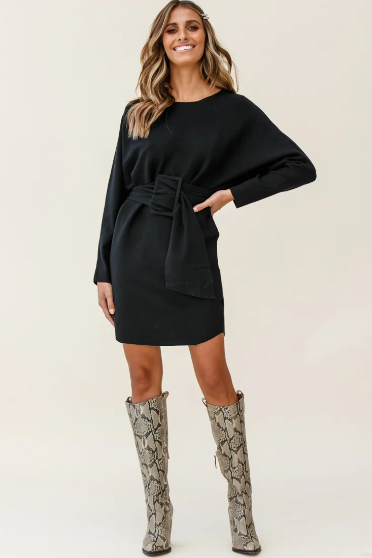 Lorelei Long Sleeve Wide Belt Knit Dress Black - Image 3