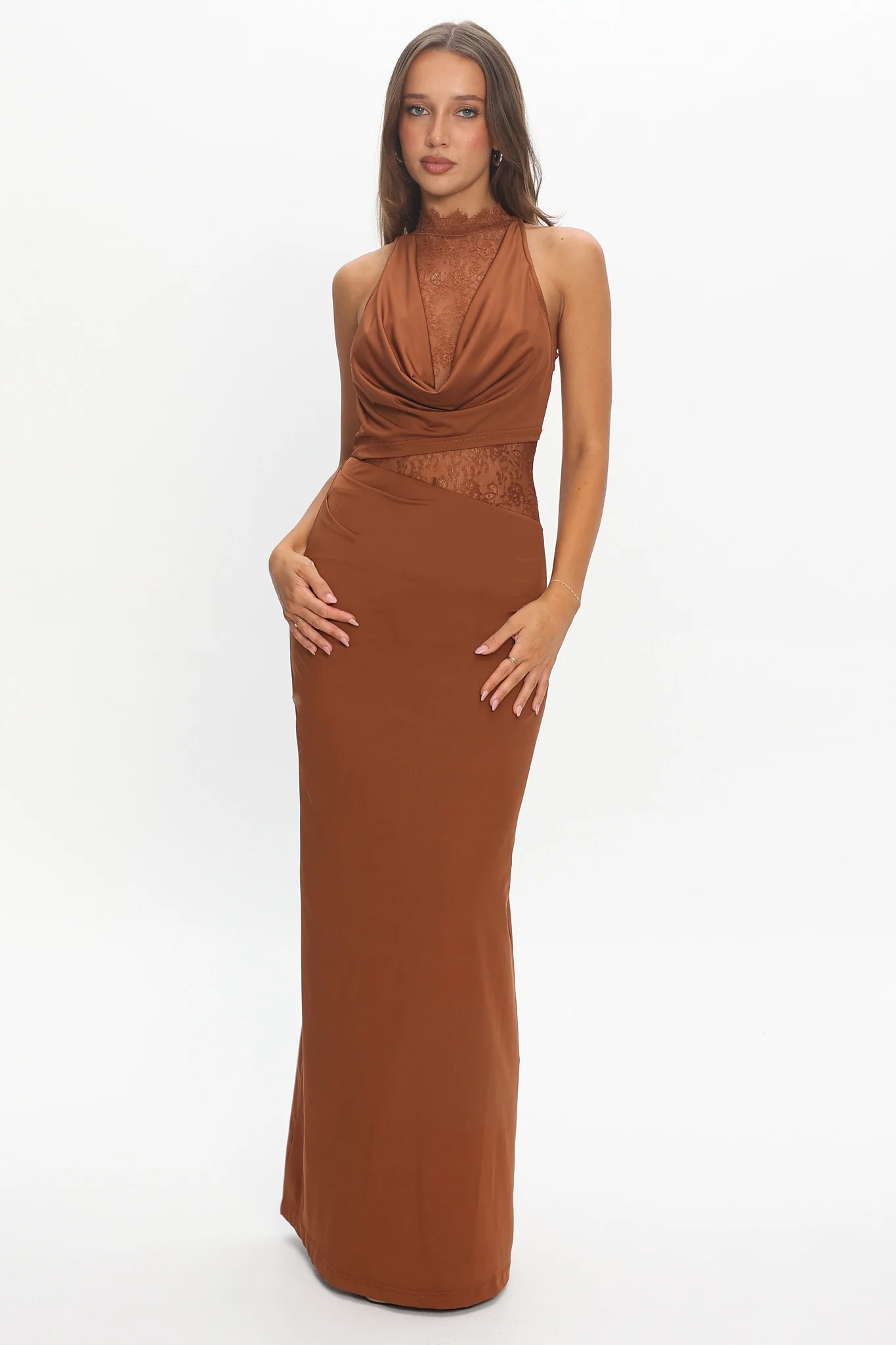 Lorely Lace Bodice Cowl Maxi Dress Chocolate - Image 2