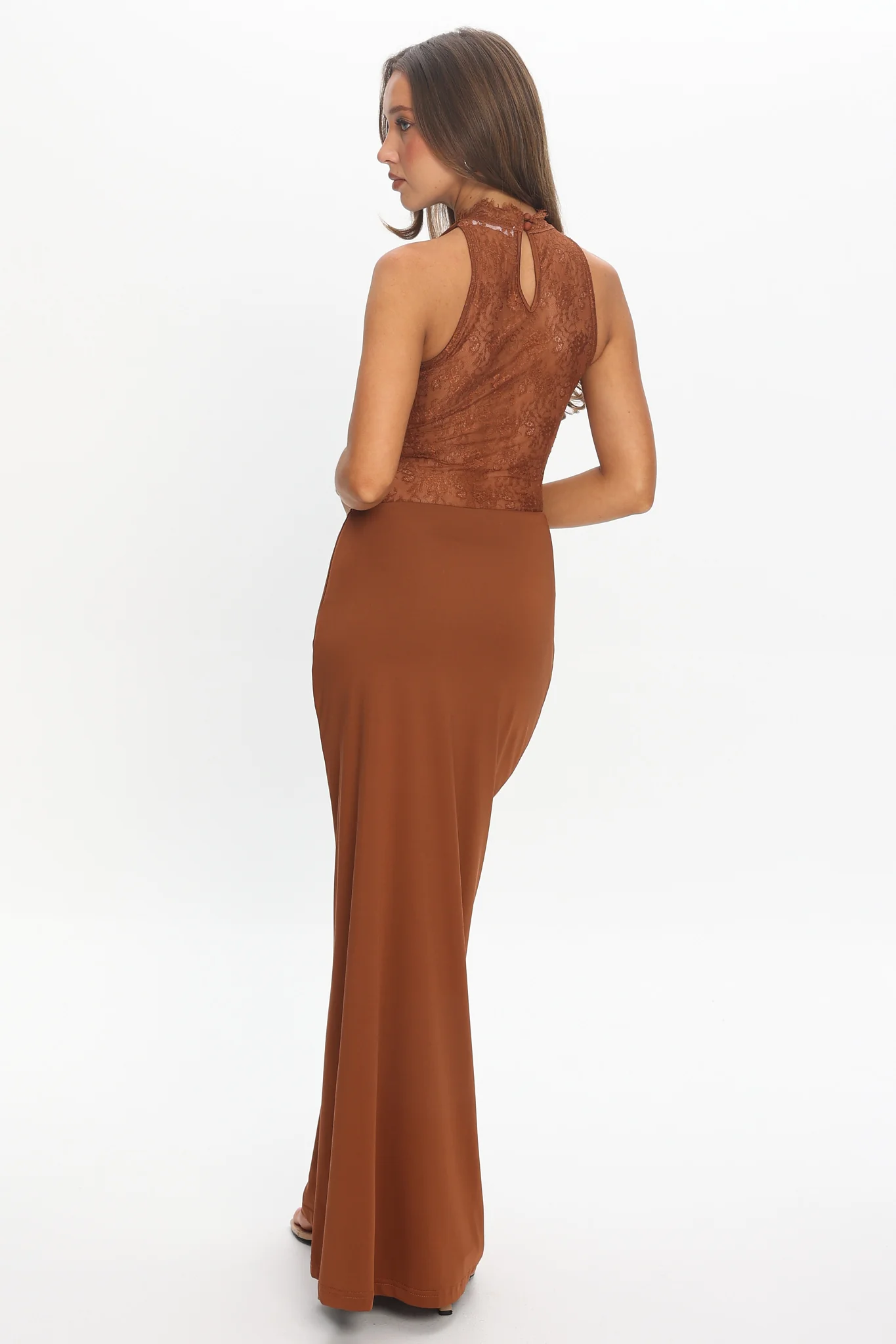 Lorely Lace Bodice Cowl Maxi Dress Chocolate - Image 3