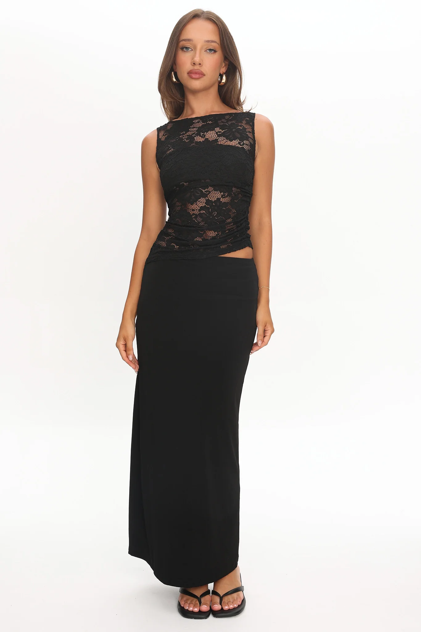 Lorely Ruched Lace Bodice Maxi Dress Black - Image 6