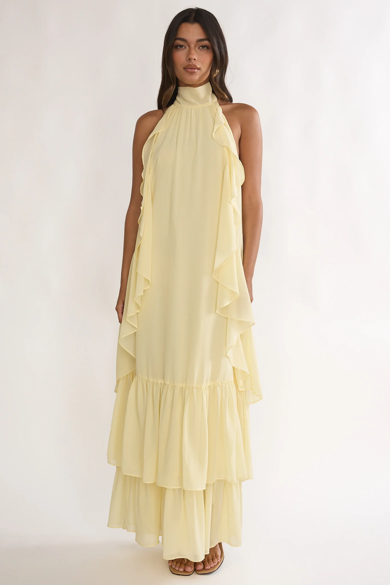Lorina Layered Ruffle Halterneck Maxi Dress Butter - Image 5