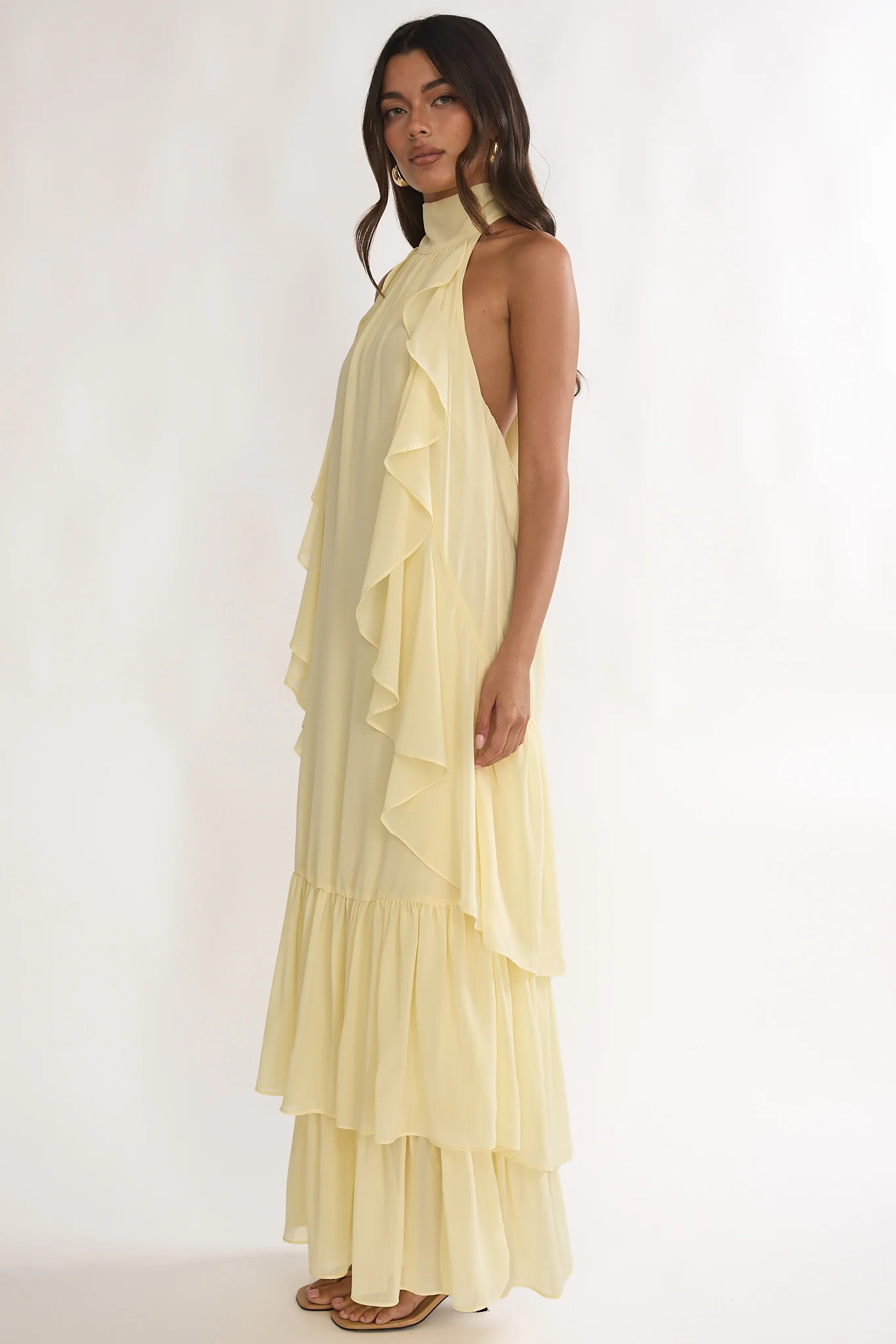 Lorina Layered Ruffle Halterneck Maxi Dress Butter - Image 6