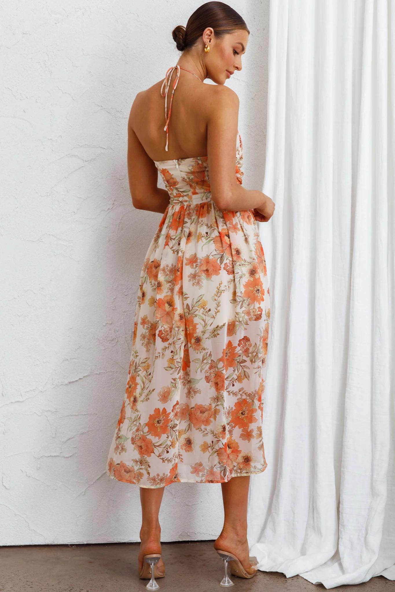 Los Feliz Tied Bust Halterneck Midi Dress Floral Beige - Image 2