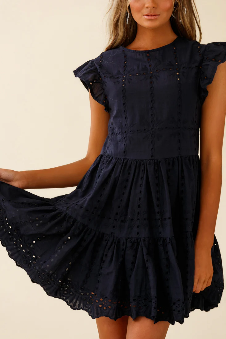 Louise Cap Sleeve Eyelet Embroidery Dress Navy - Image 4