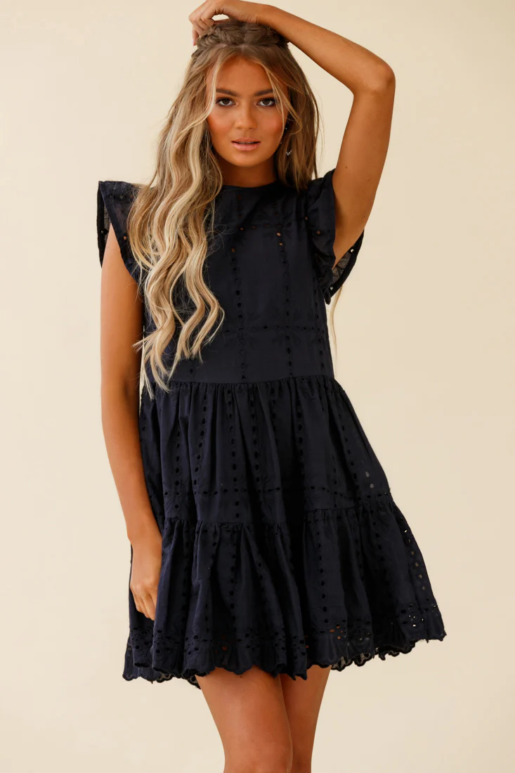 Louise Cap Sleeve Eyelet Embroidery Dress Navy - Image 7