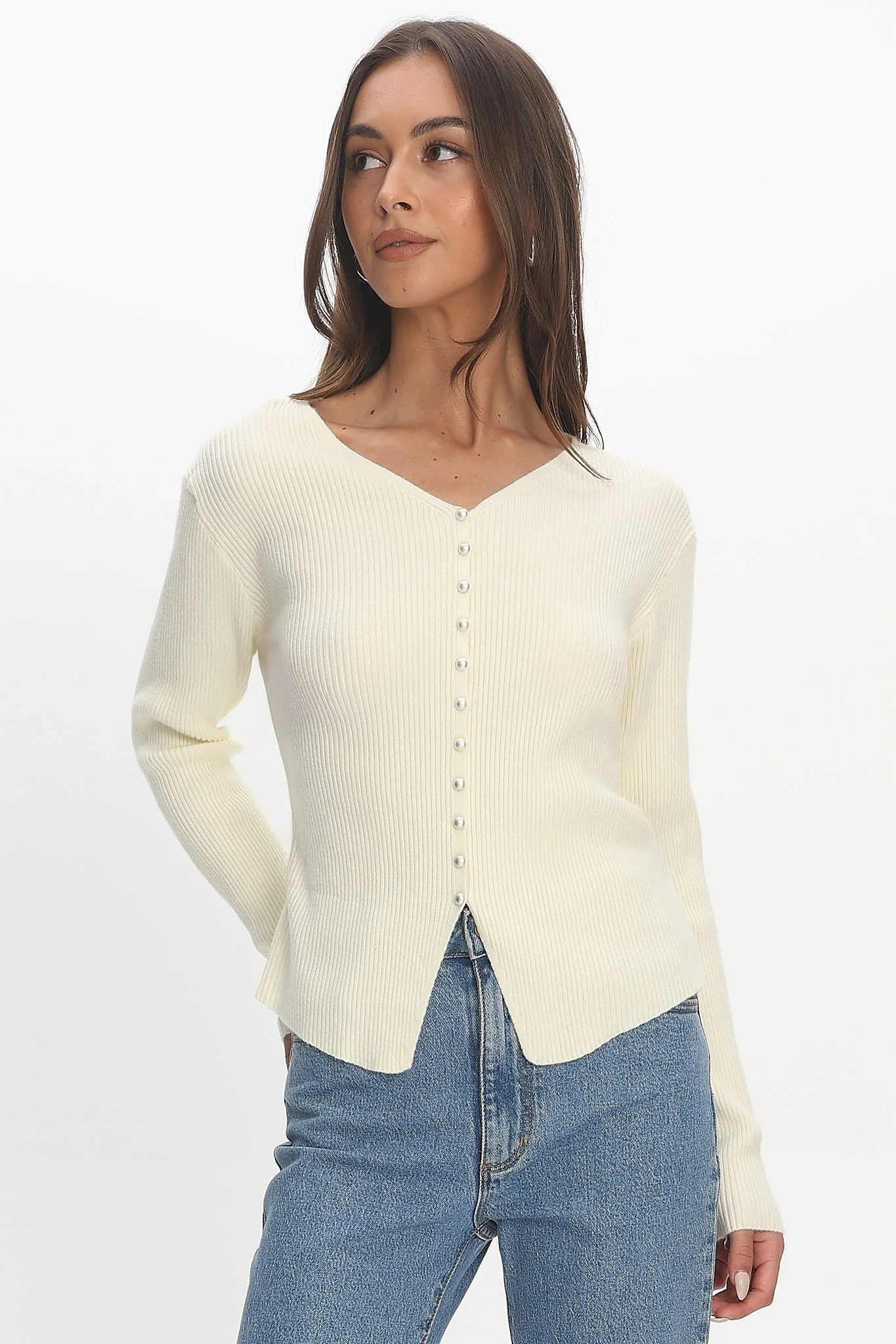 Louiz Button Front Ribbed Knit Cardigan Cream