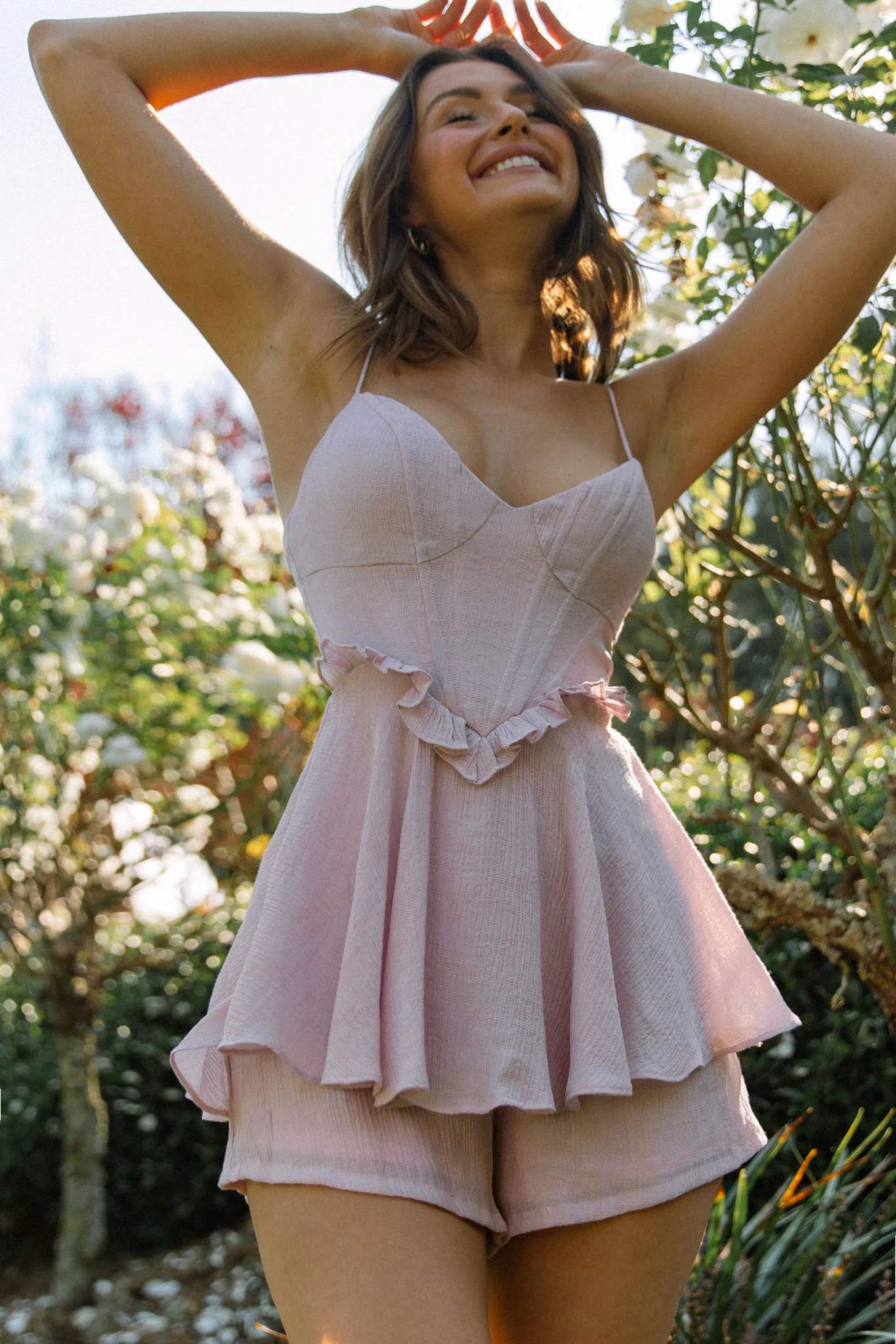 Love Language Boned Bodice Frill Waist Romper Blush - Image 8