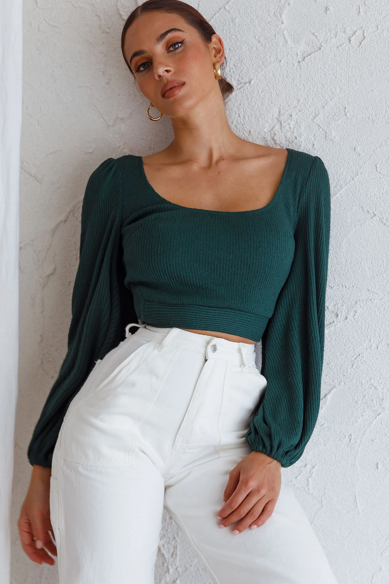 Love Like This Long Sleeve Open Back Crop Top Emerald Green - Image 4